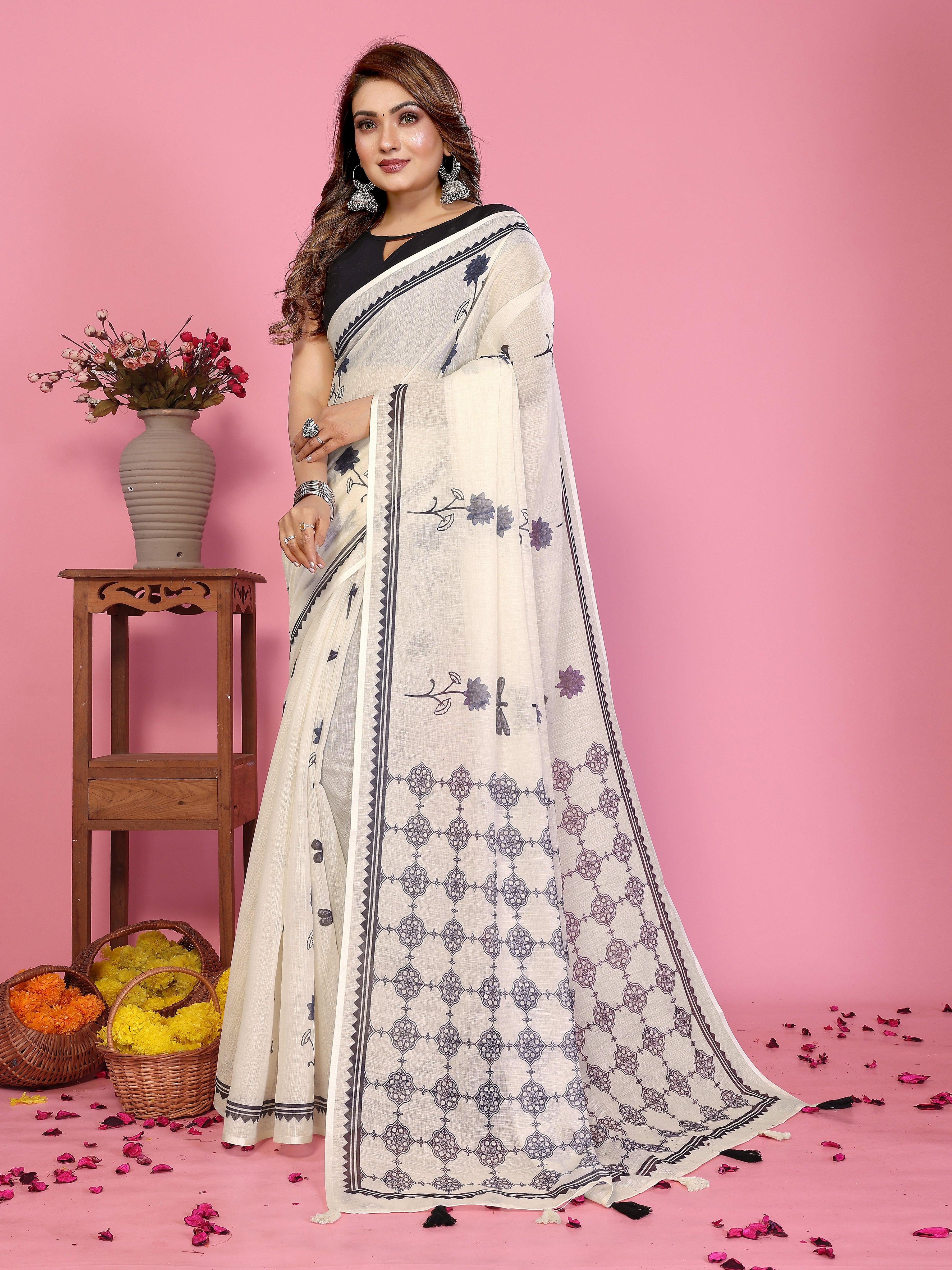 Lightweight Designer Linen Cotton Saree