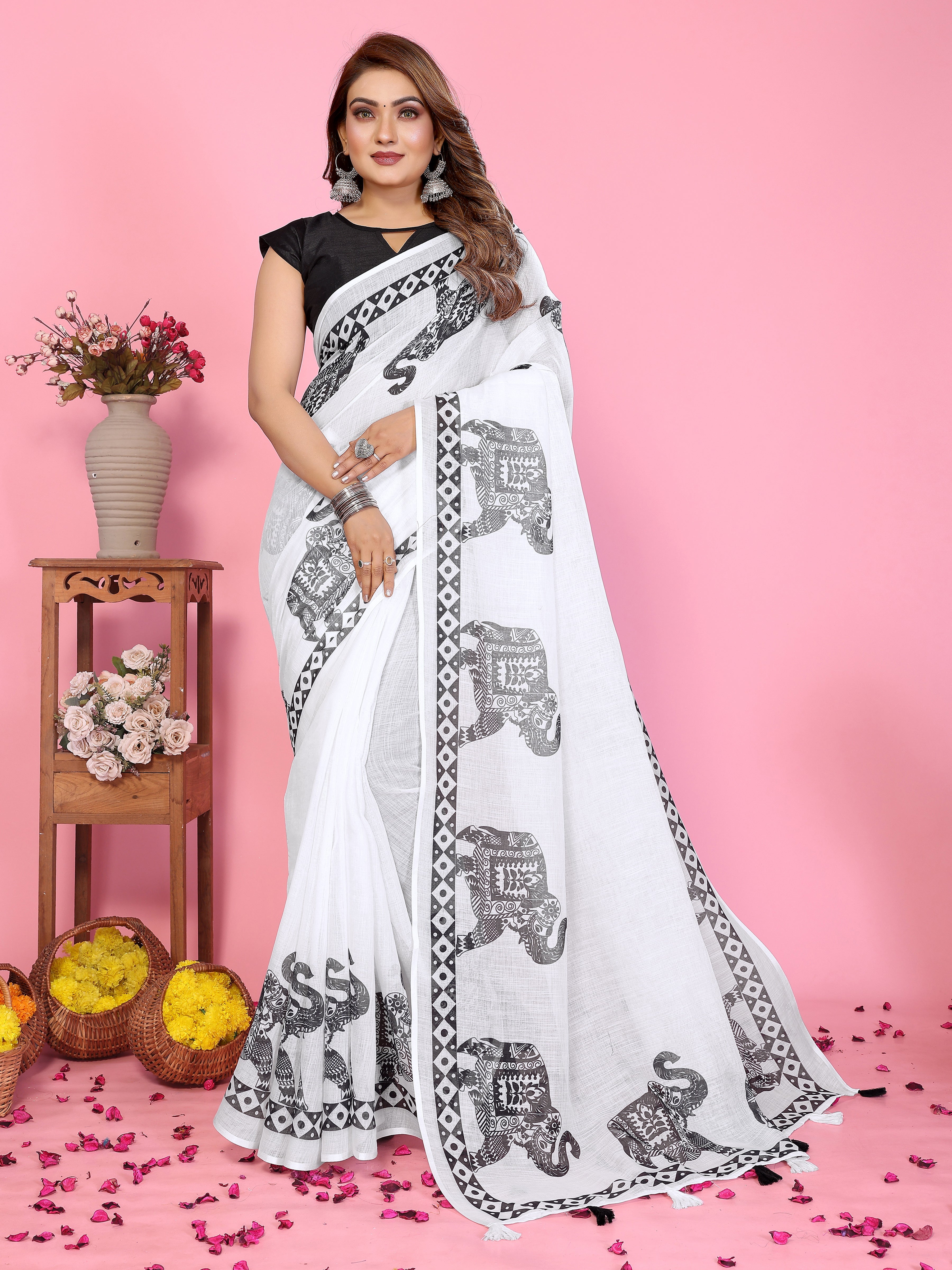 Soft Linen Cotton Printed Saree with Tassels