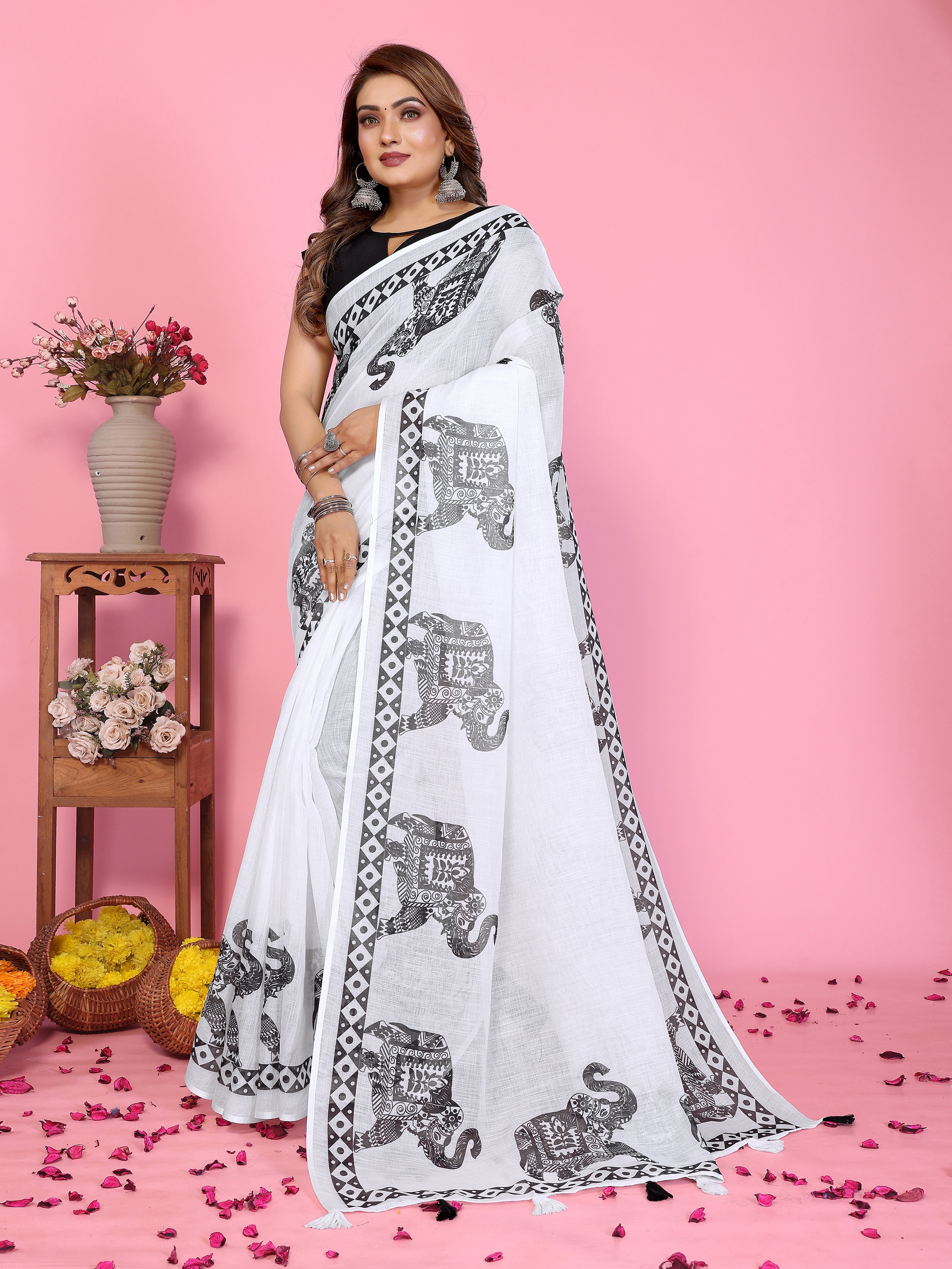 Soft Linen Cotton Printed Saree with Tassels