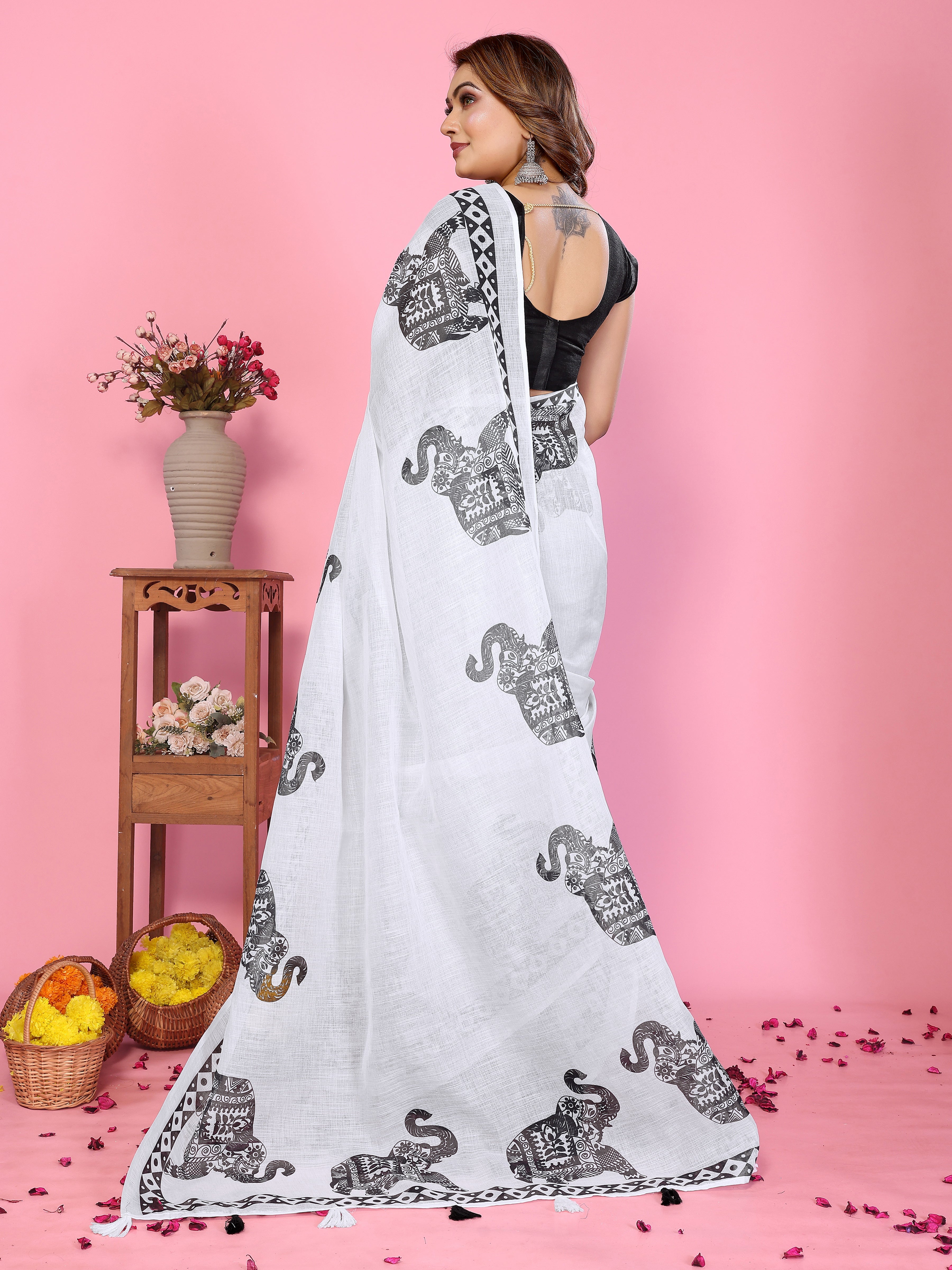 Soft Linen Cotton Printed Saree with Tassels