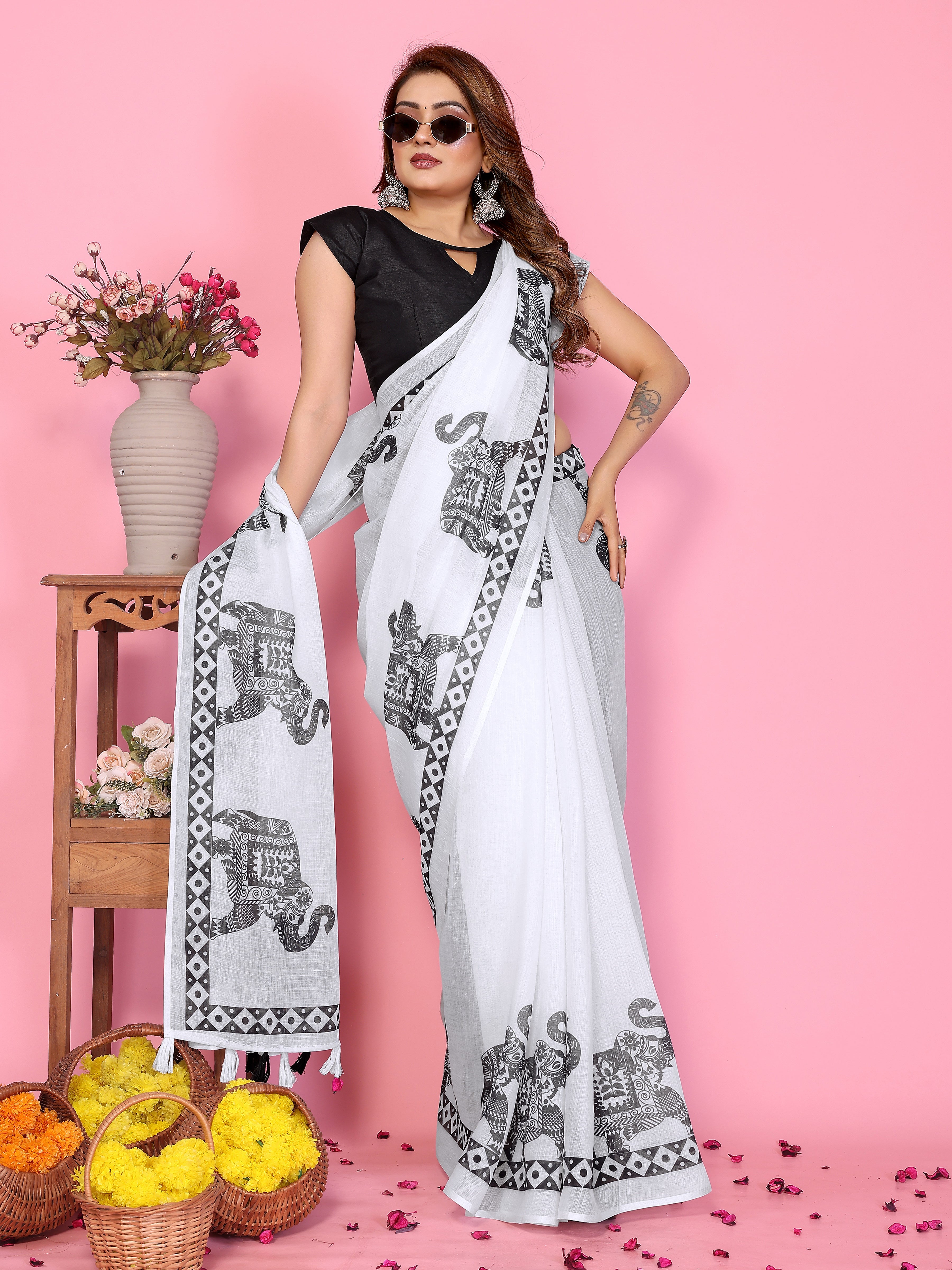 Soft Linen Cotton Printed Saree with Tassels