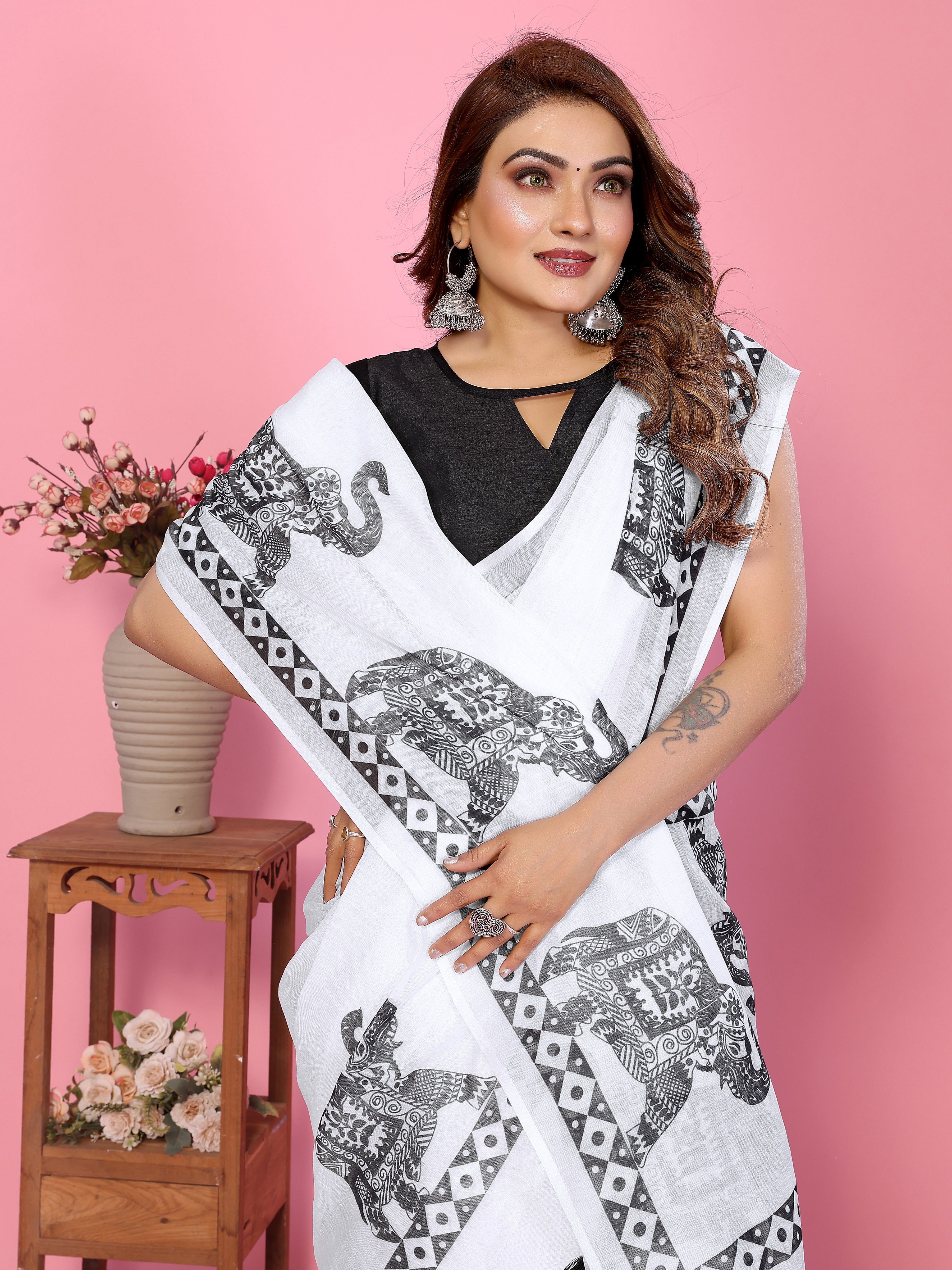 Soft Linen Cotton Printed Saree with Tassels