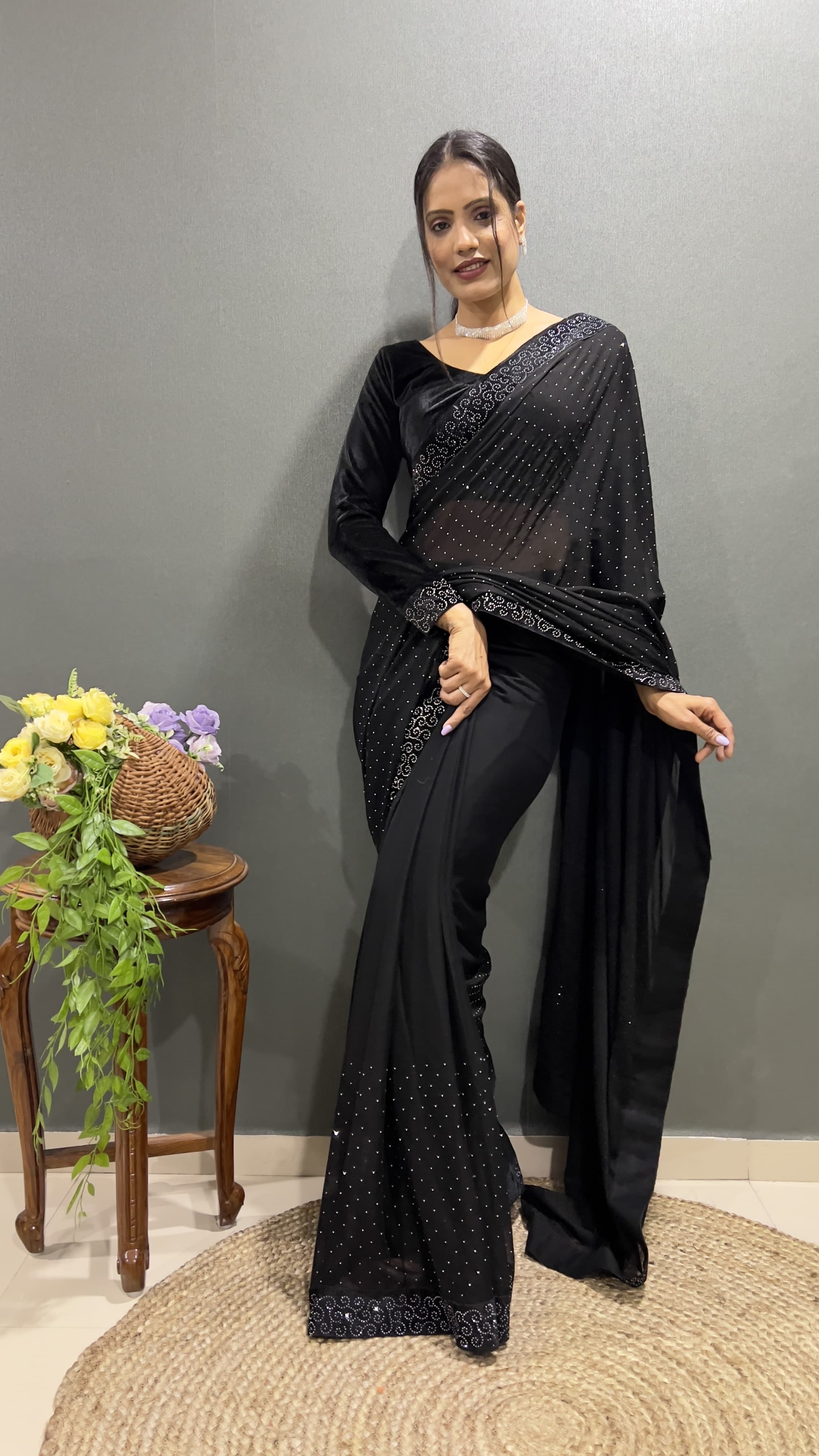 Trending Ready-To-Wear Rangoli Silk Saree with Swarovski & Velvet Lace Work