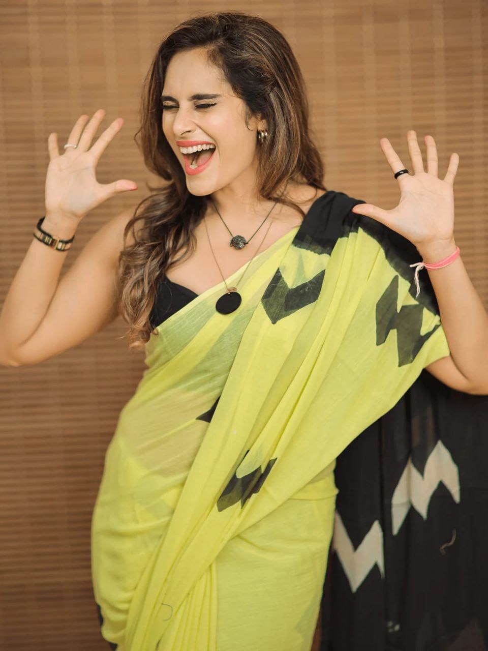 Modern Lime Yellow Abstract Print Saree with Contrast Pallu