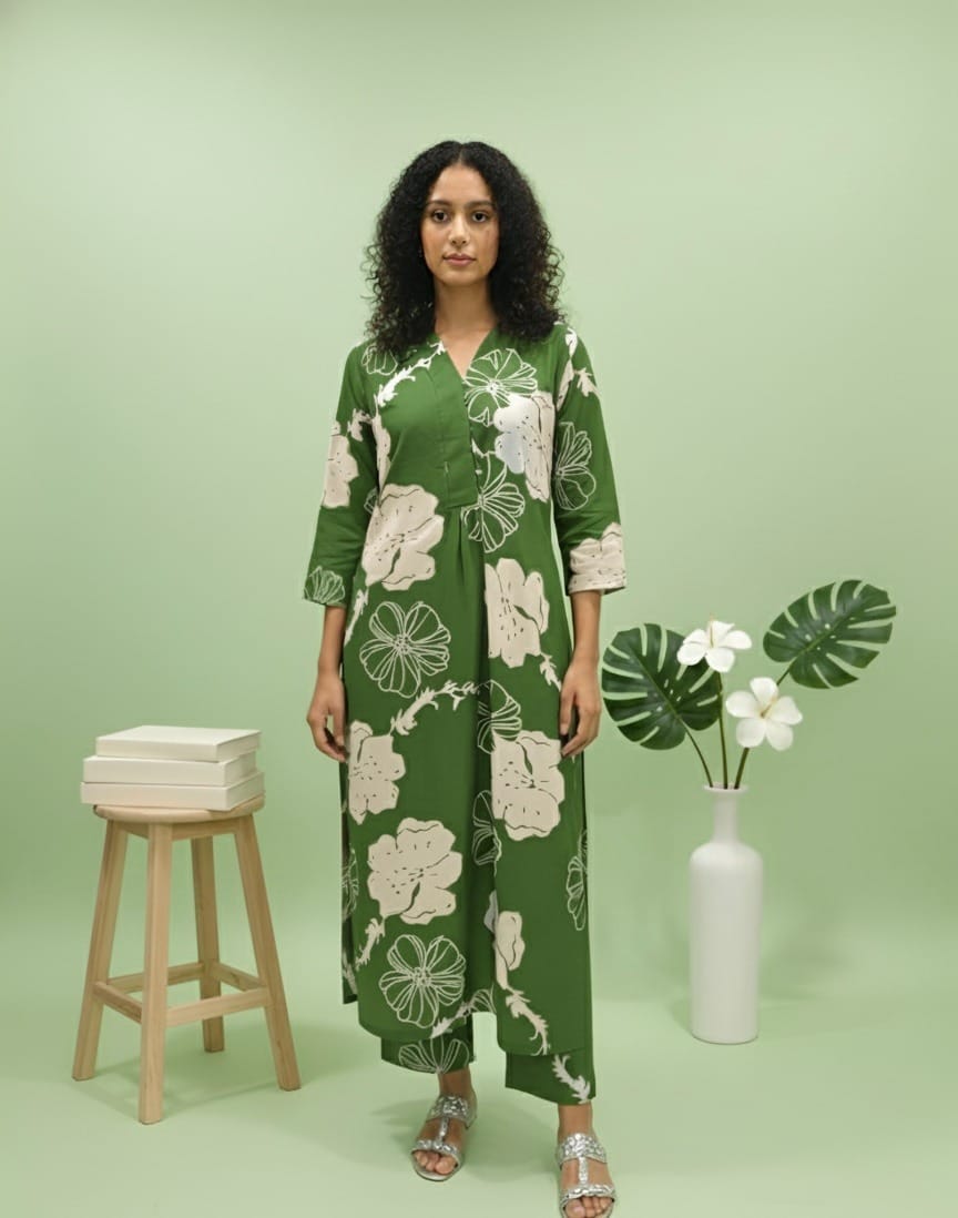 Green Color Long Kurti Pant Co-ord Set
