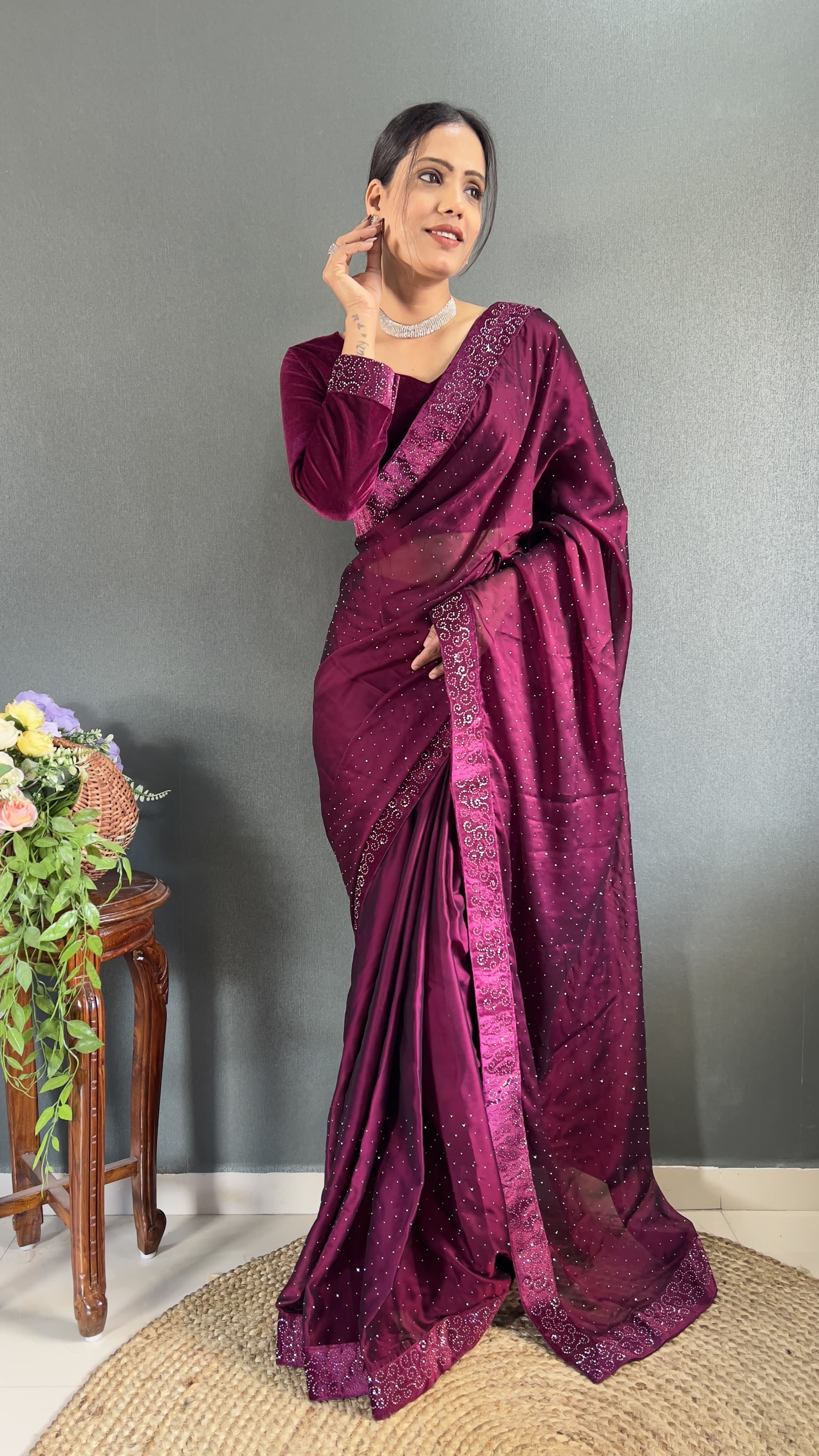 Trending Ready-To-Wear Rangoli Silk Saree with Swarovski & Velvet Lace Work