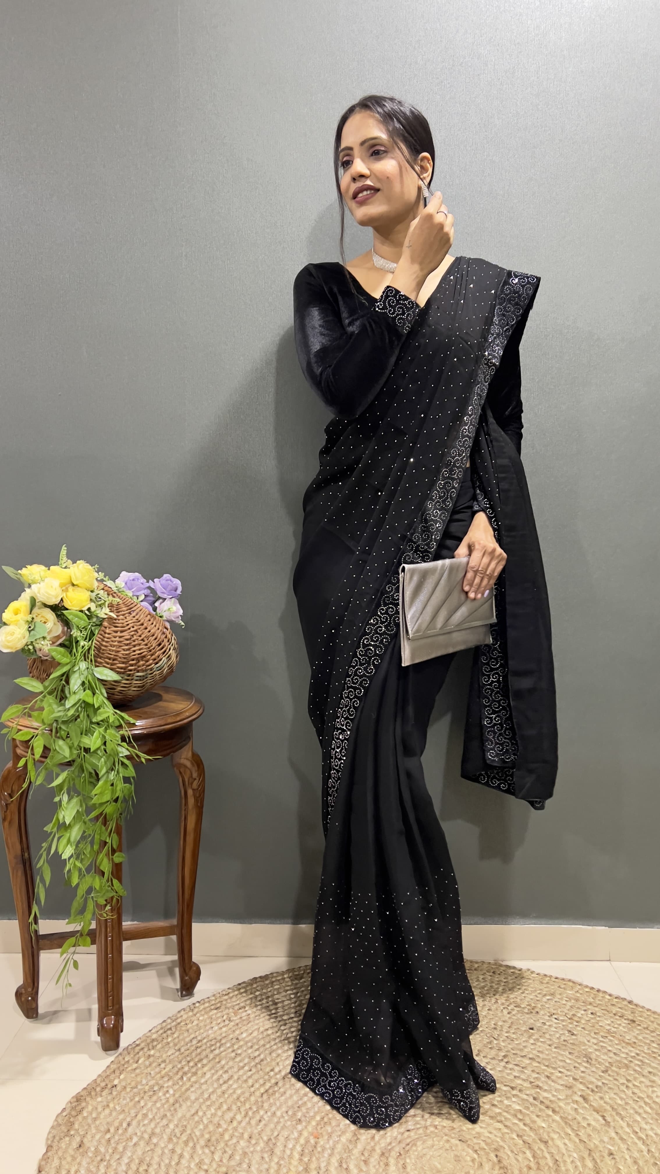 Trending Ready-To-Wear Rangoli Silk Saree with Swarovski & Velvet Lace Work