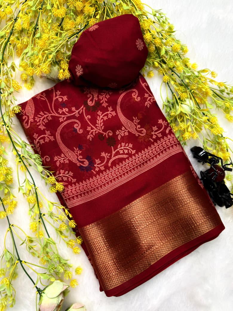 New Flower Heavy Marsh Melon Saree with Jacquard Weaving Border