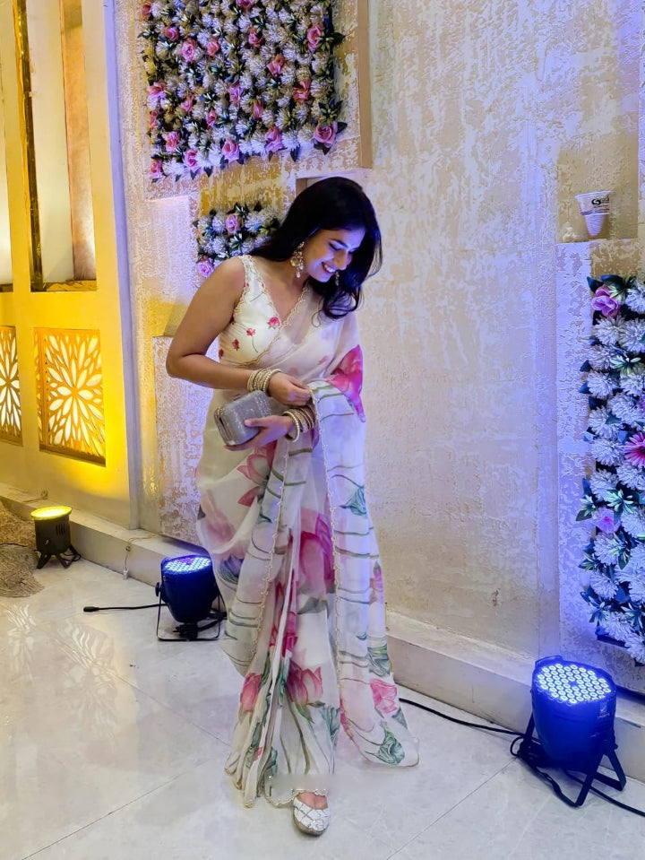 Multicolor Organza Silk Ready-to-Wear Saree with Handwork