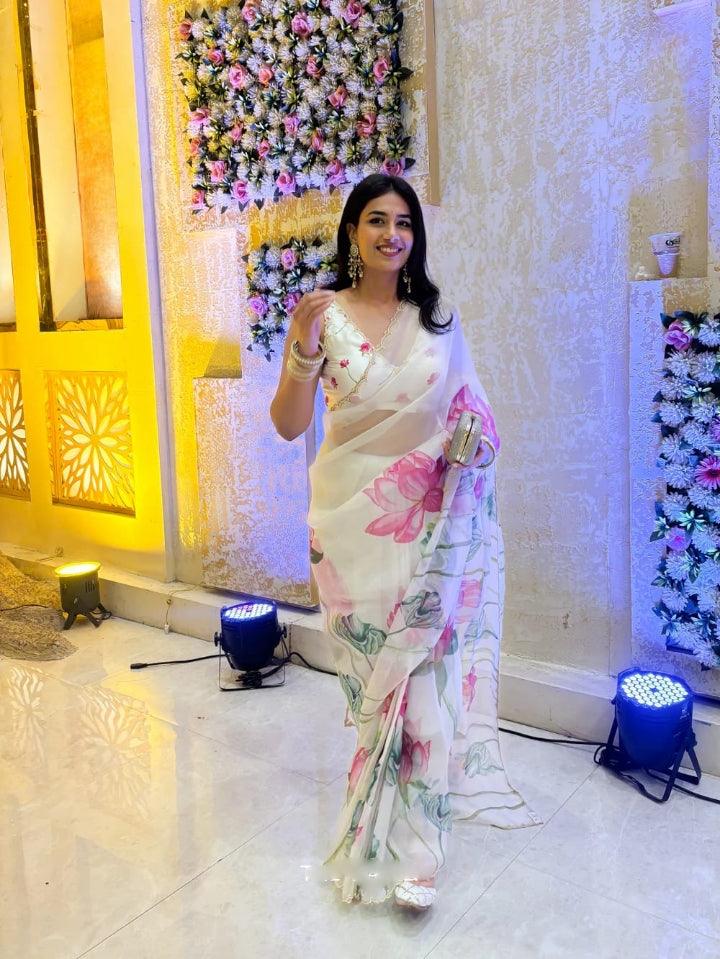 Multicolor Organza Silk Ready-to-Wear Saree with Handwork