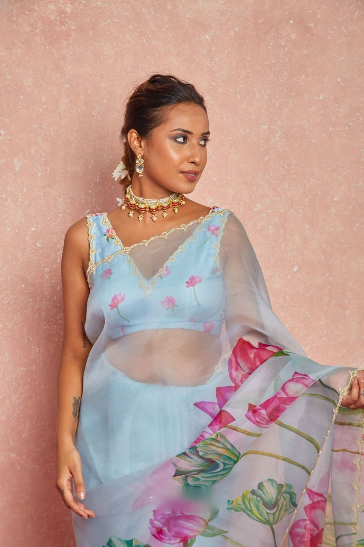 Multicolor Organza Silk Ready-to-Wear Saree with Handwork