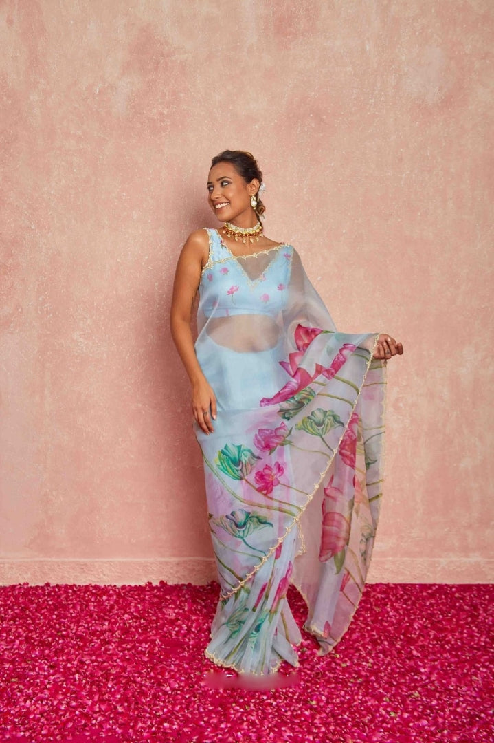 Multicolor Organza Silk Ready-to-Wear Saree with Handwork