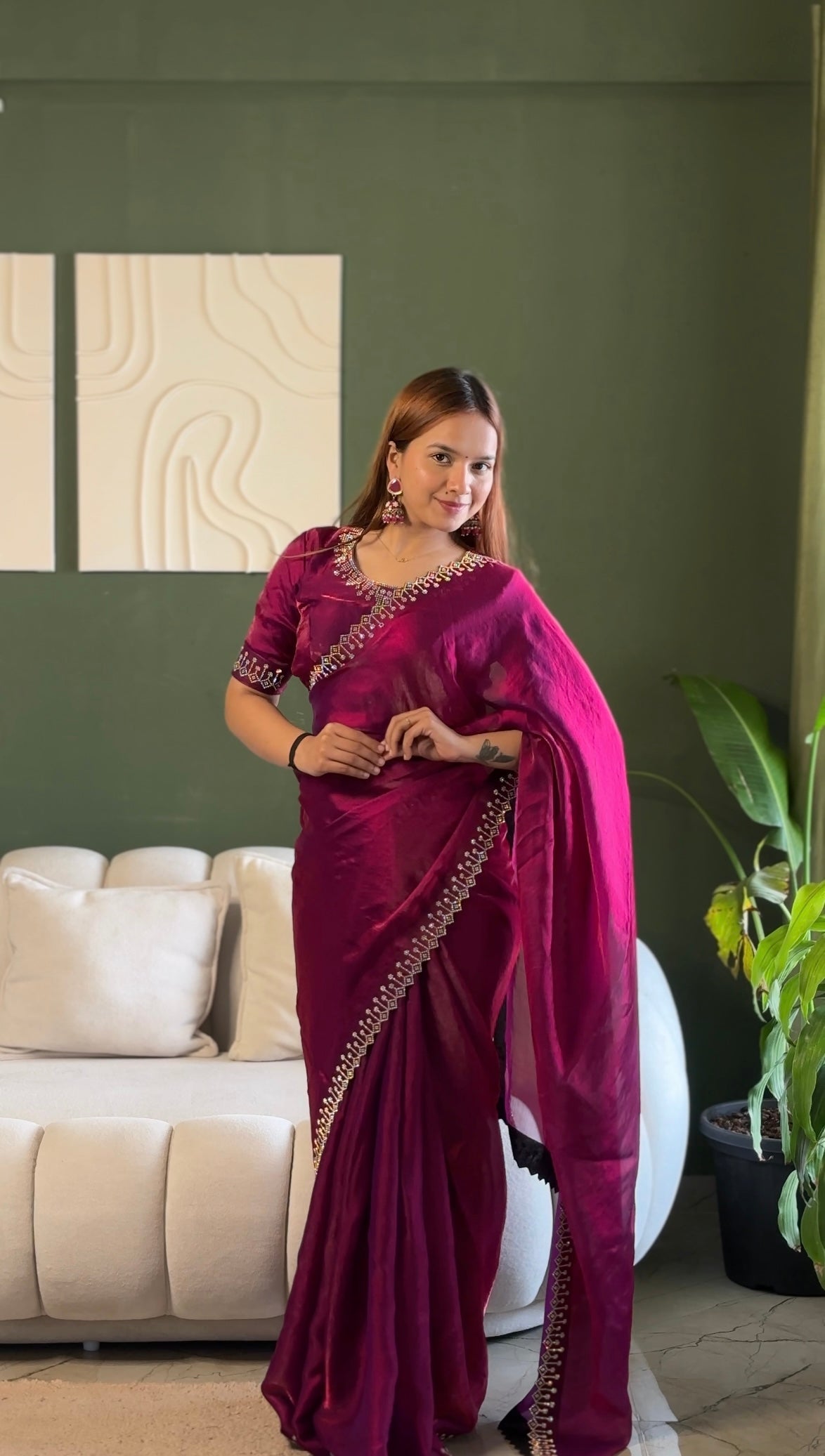 Space Silk Saree with Zarkan Diamond Work