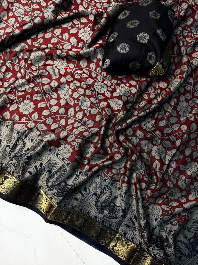 Soft Black Dola Silk Kalamkari Saree