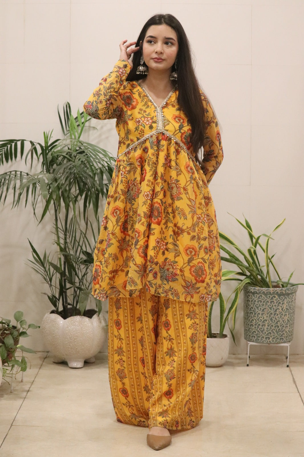 Women’s Mustard Yellow Organza Silk Kurti Palazzo Set