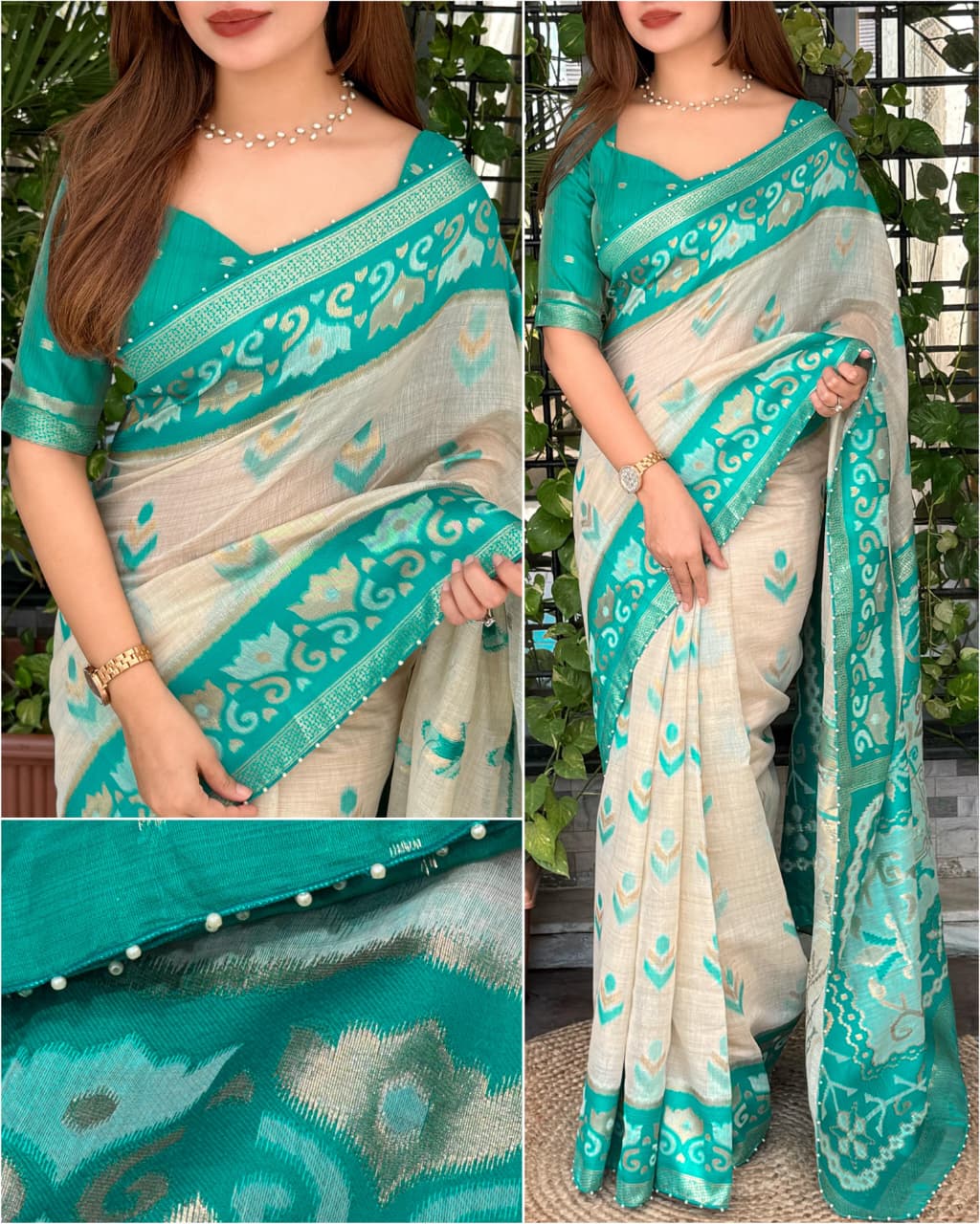 Designer Linen Cotton Saree with Motif Weaving, Zari Border & Pearl Work