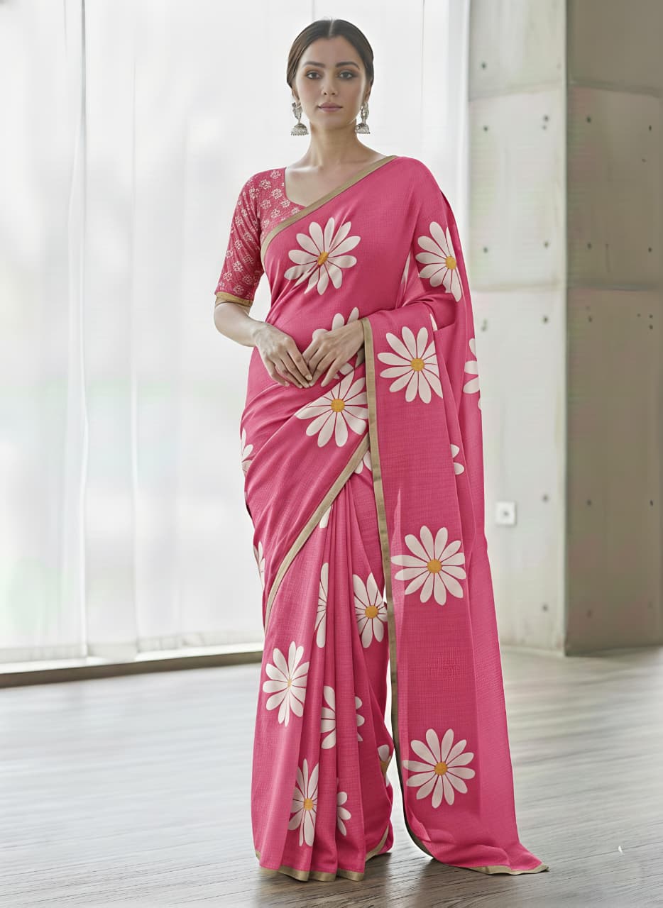Heavy Linen Blooming Floral Digital Print Saree with Gold Border & Tassels