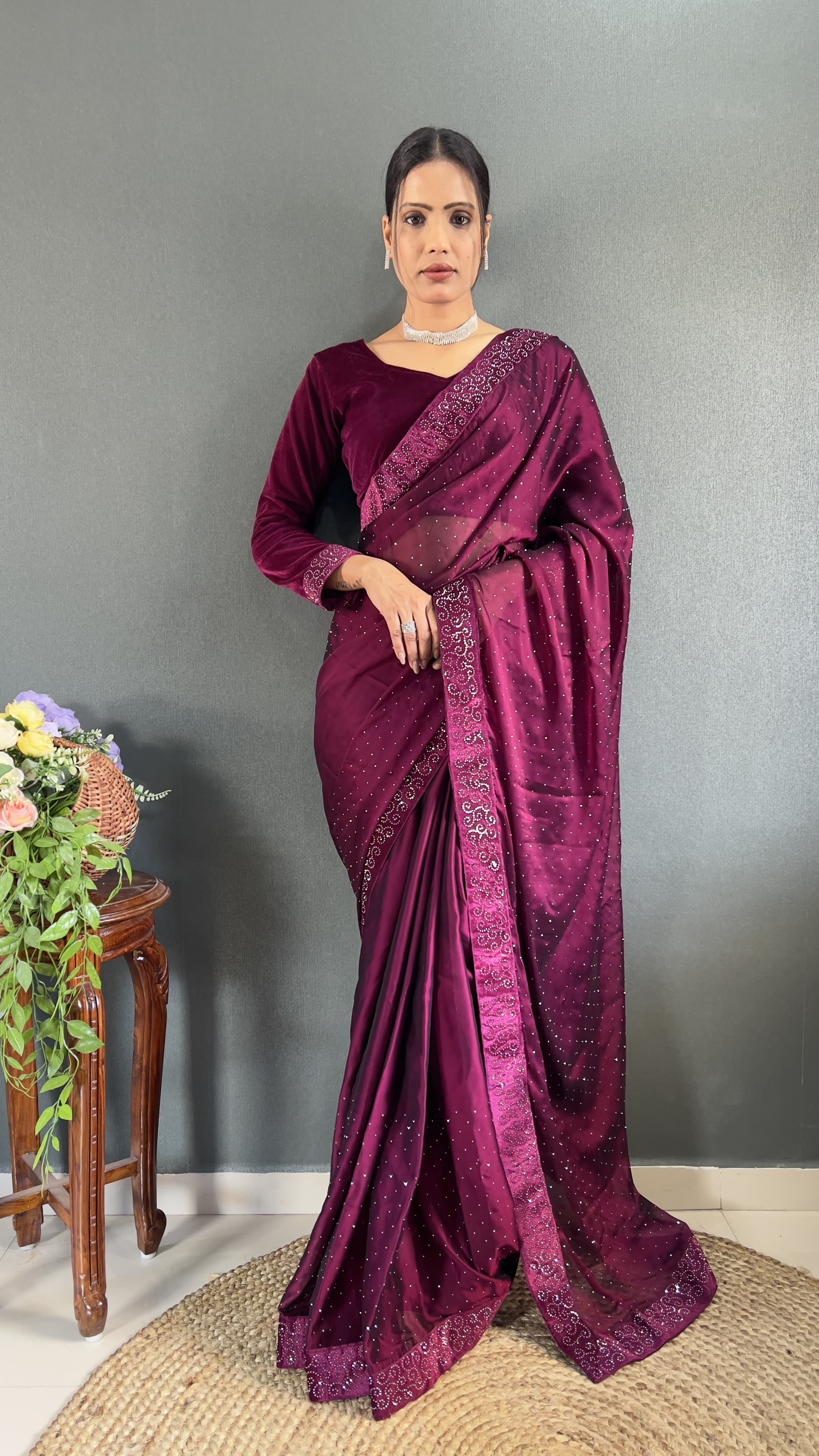 Trending Ready-To-Wear Rangoli Silk Saree with Swarovski & Velvet Lace Work