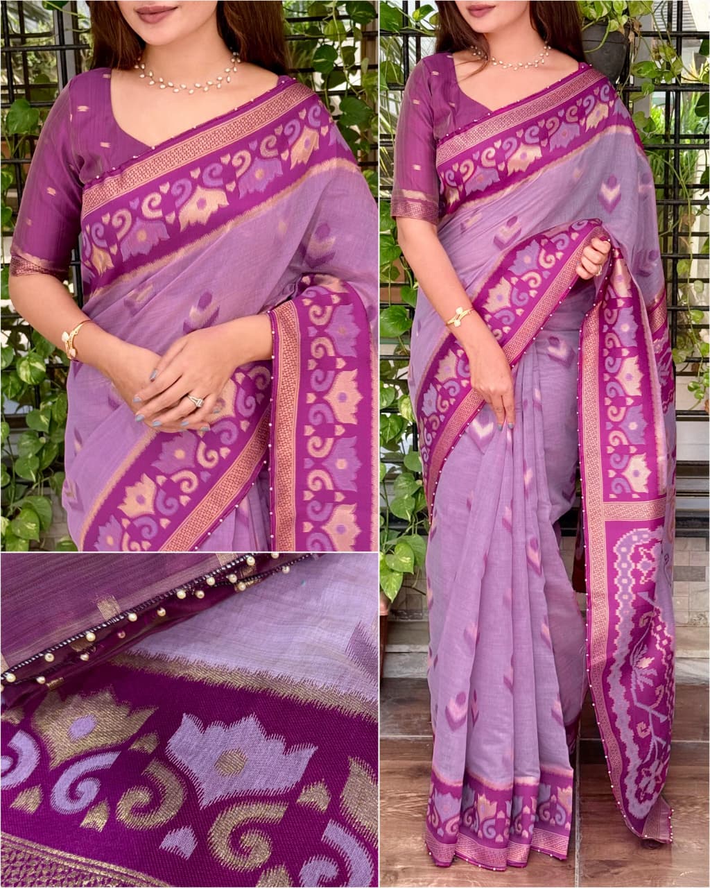 Designer Linen Cotton Saree with Motif Weaving, Zari Border & Pearl Work