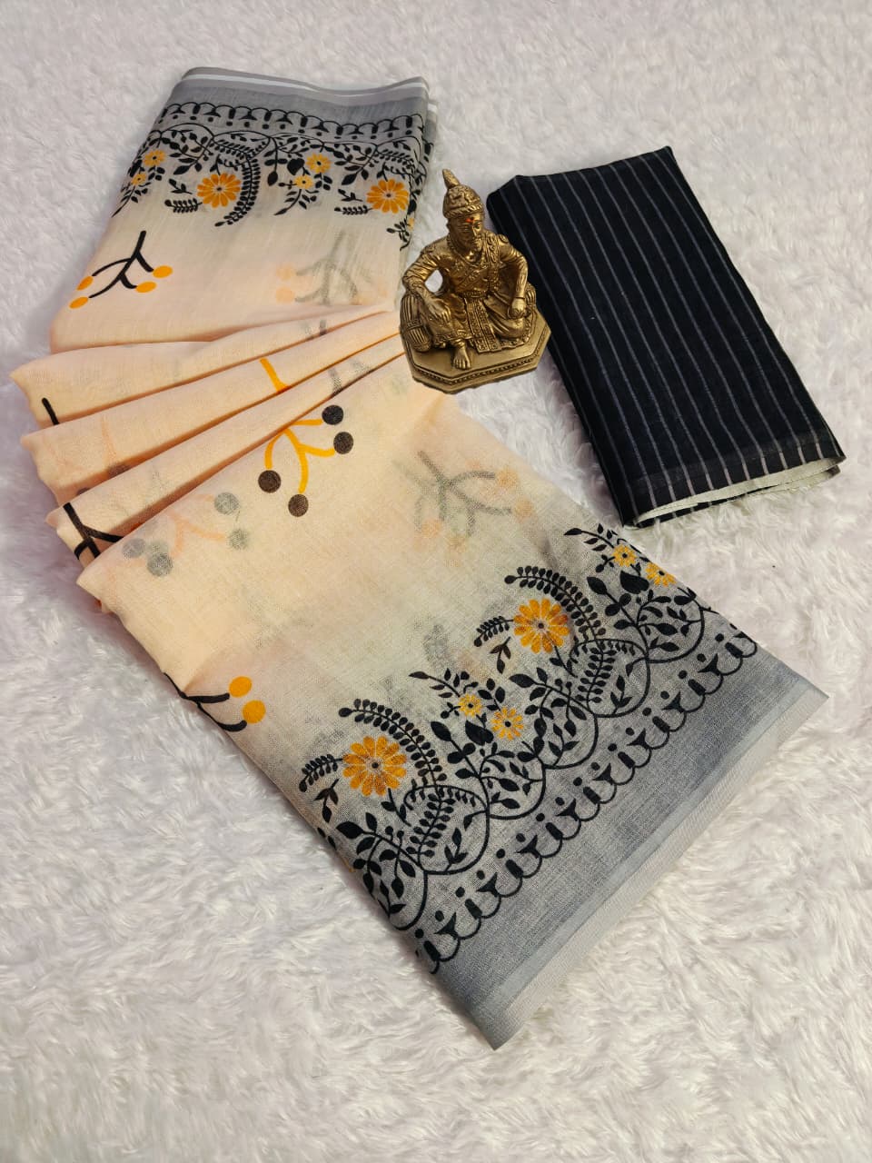 Heavy Linen Blooming Floral Digital Print Saree with Motif Tassels