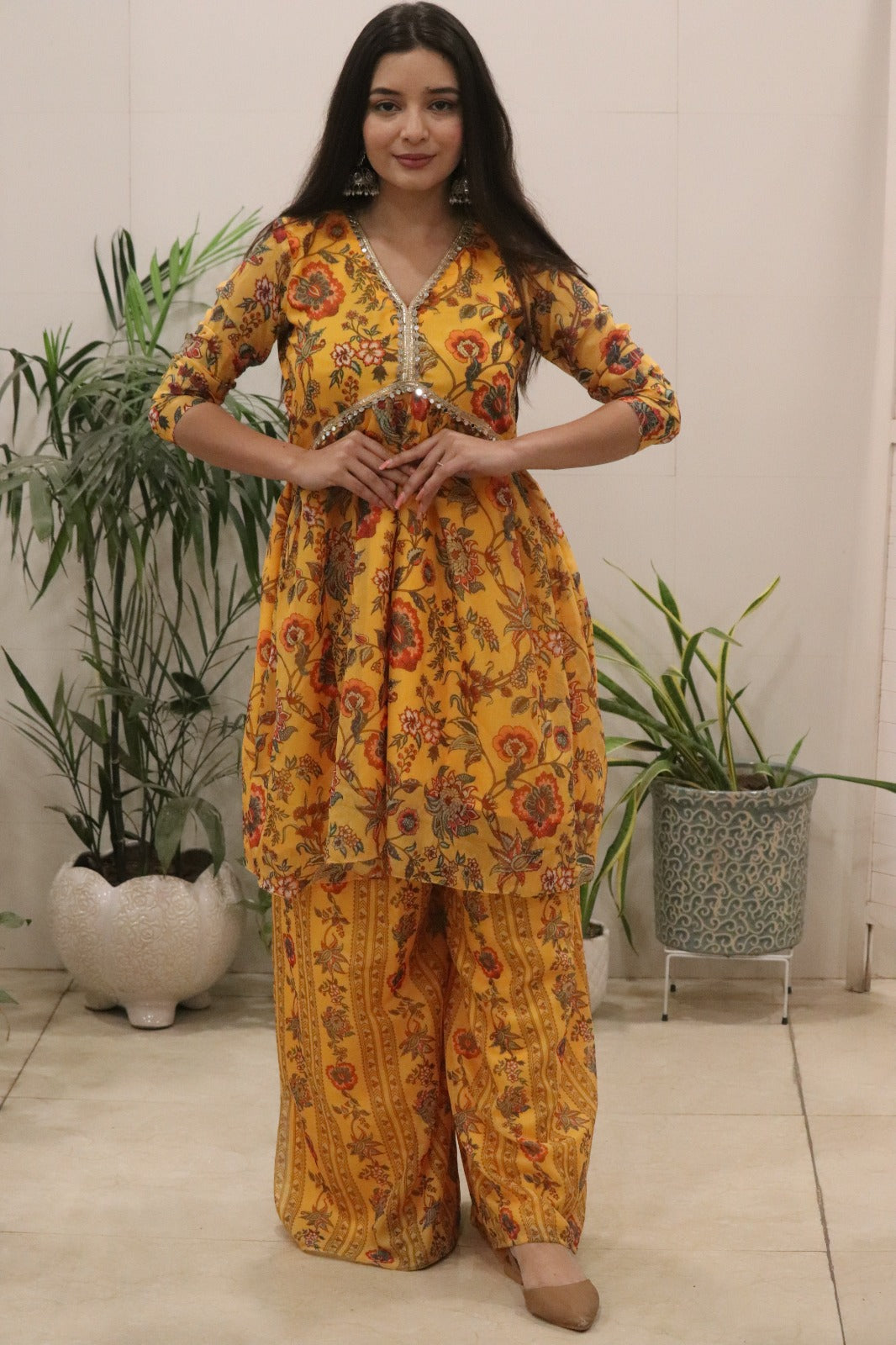 Women’s Mustard Yellow Organza Silk Kurti Palazzo Set
