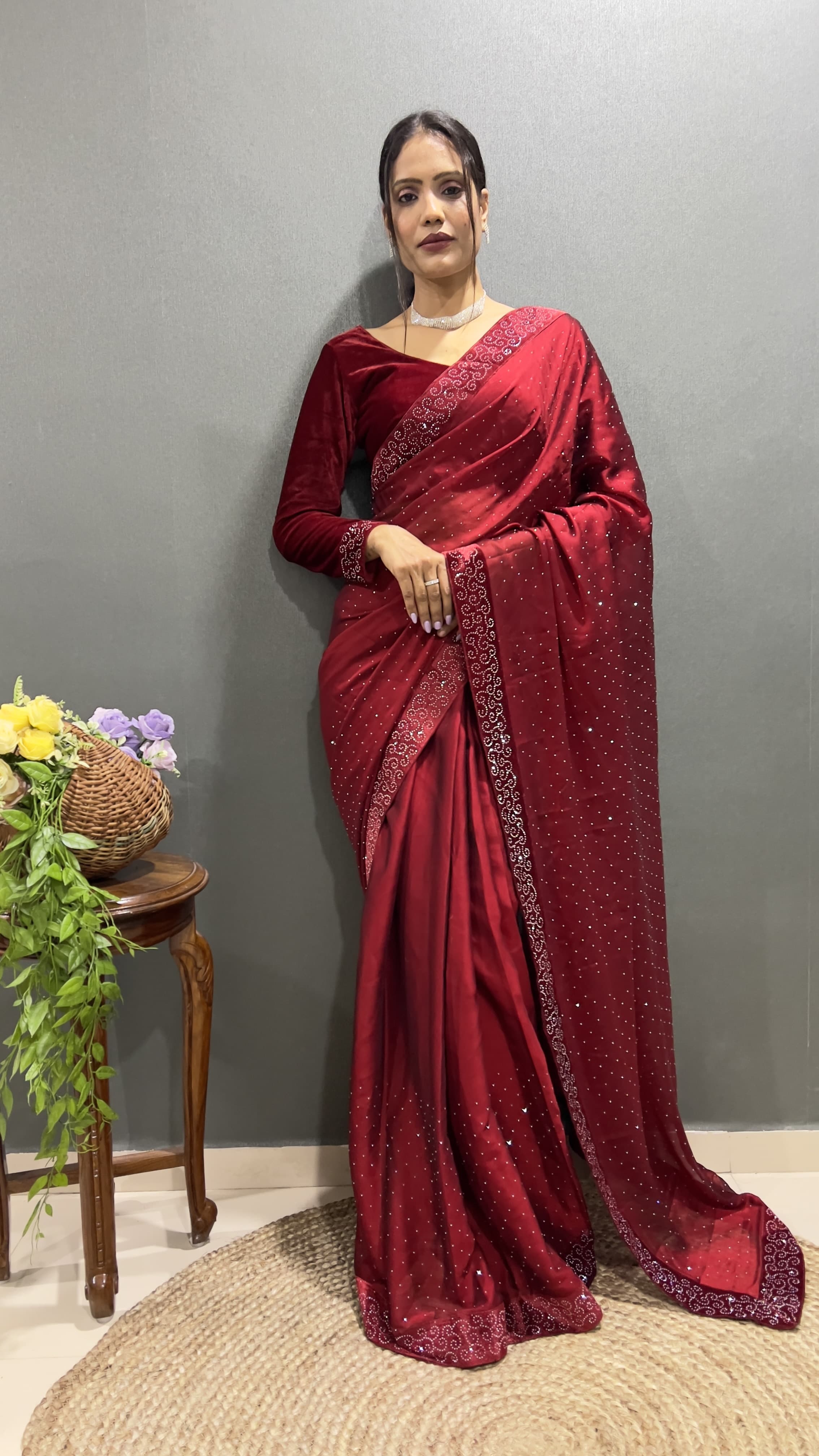 Trending Ready-To-Wear Rangoli Silk Saree with Swarovski & Velvet Lace Work