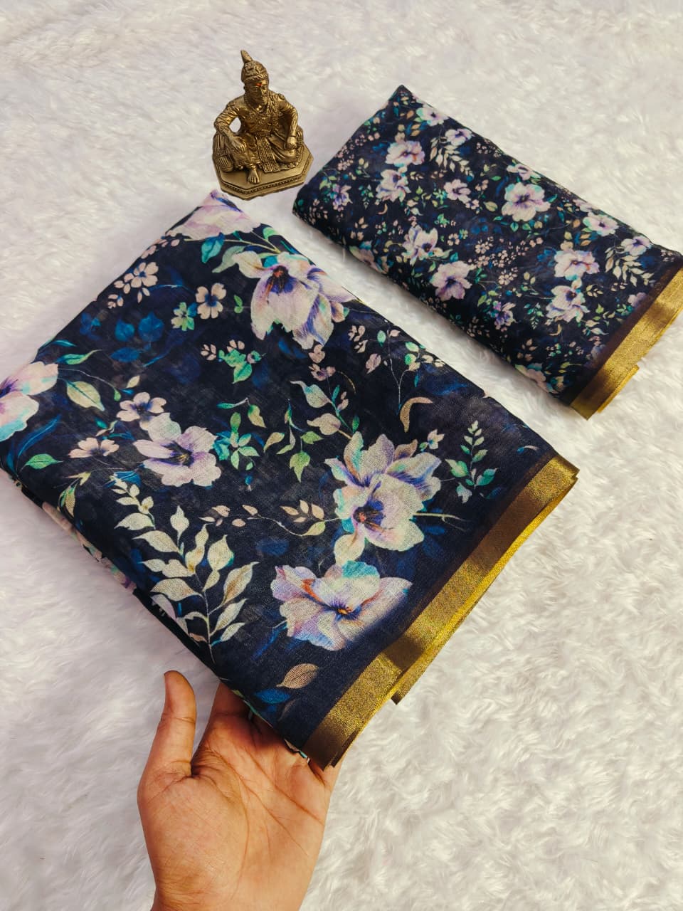 Heavy Linen Blooming Floral Digital Print Saree with Gold Border & Motif Tassels