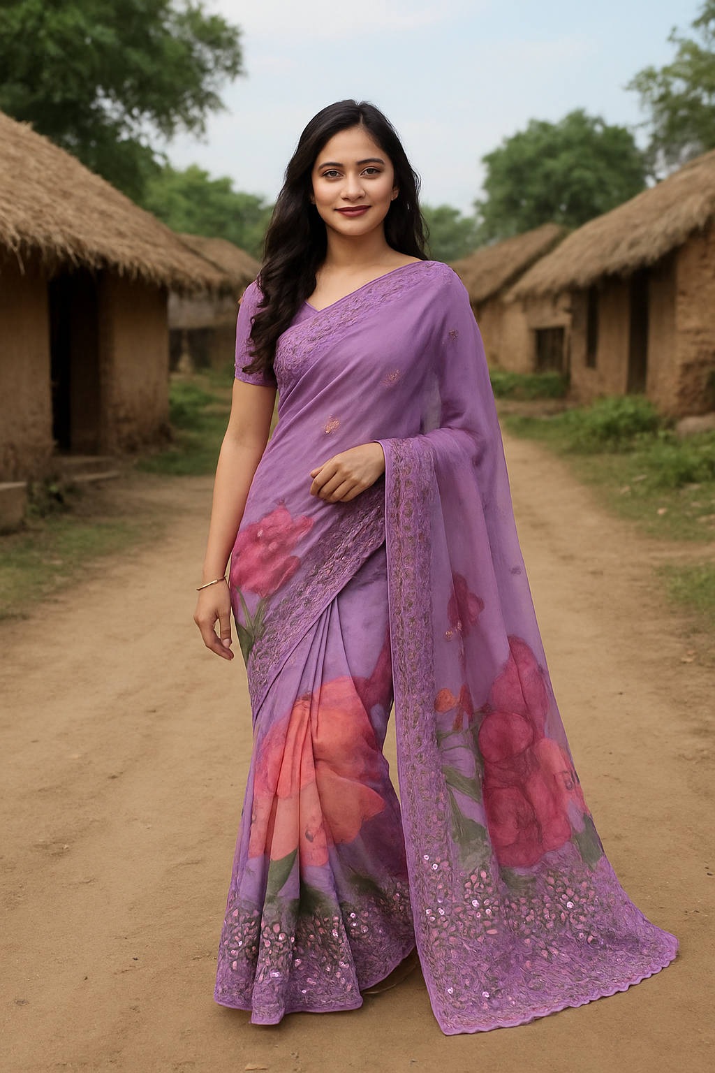 Premium Buttery Soft Organza Saree with Digital Print & Real Mirror Work