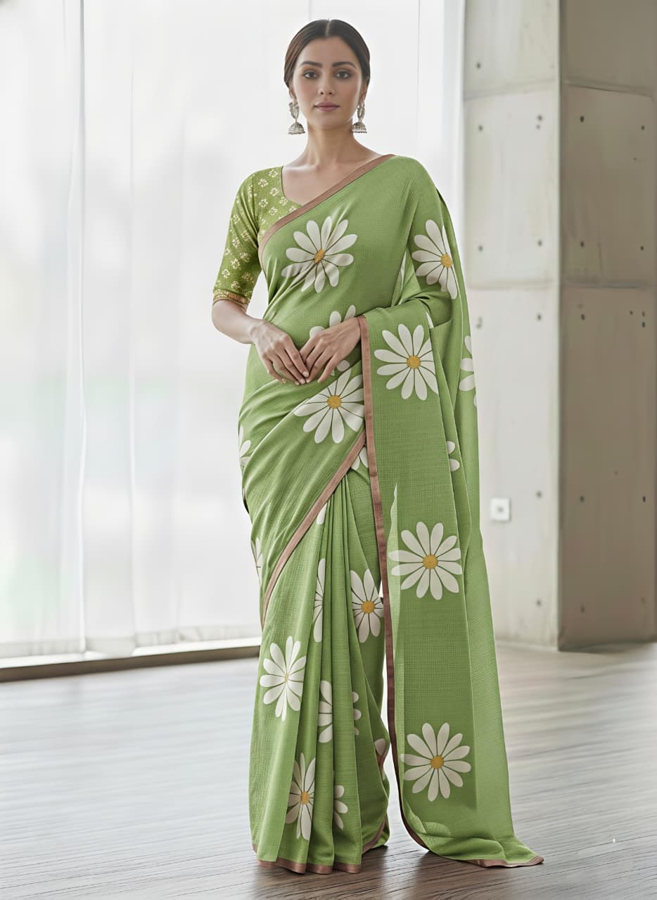 Heavy Linen Blooming Floral Digital Print Saree with Gold Border & Tassels