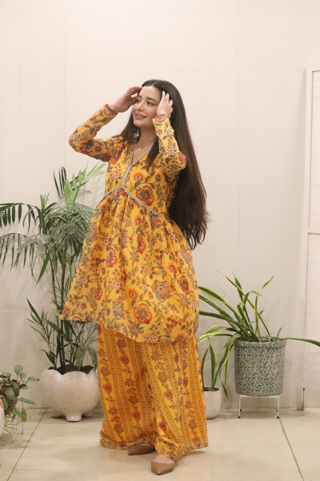 Women’s Mustard Yellow Organza Silk Kurti Palazzo Set