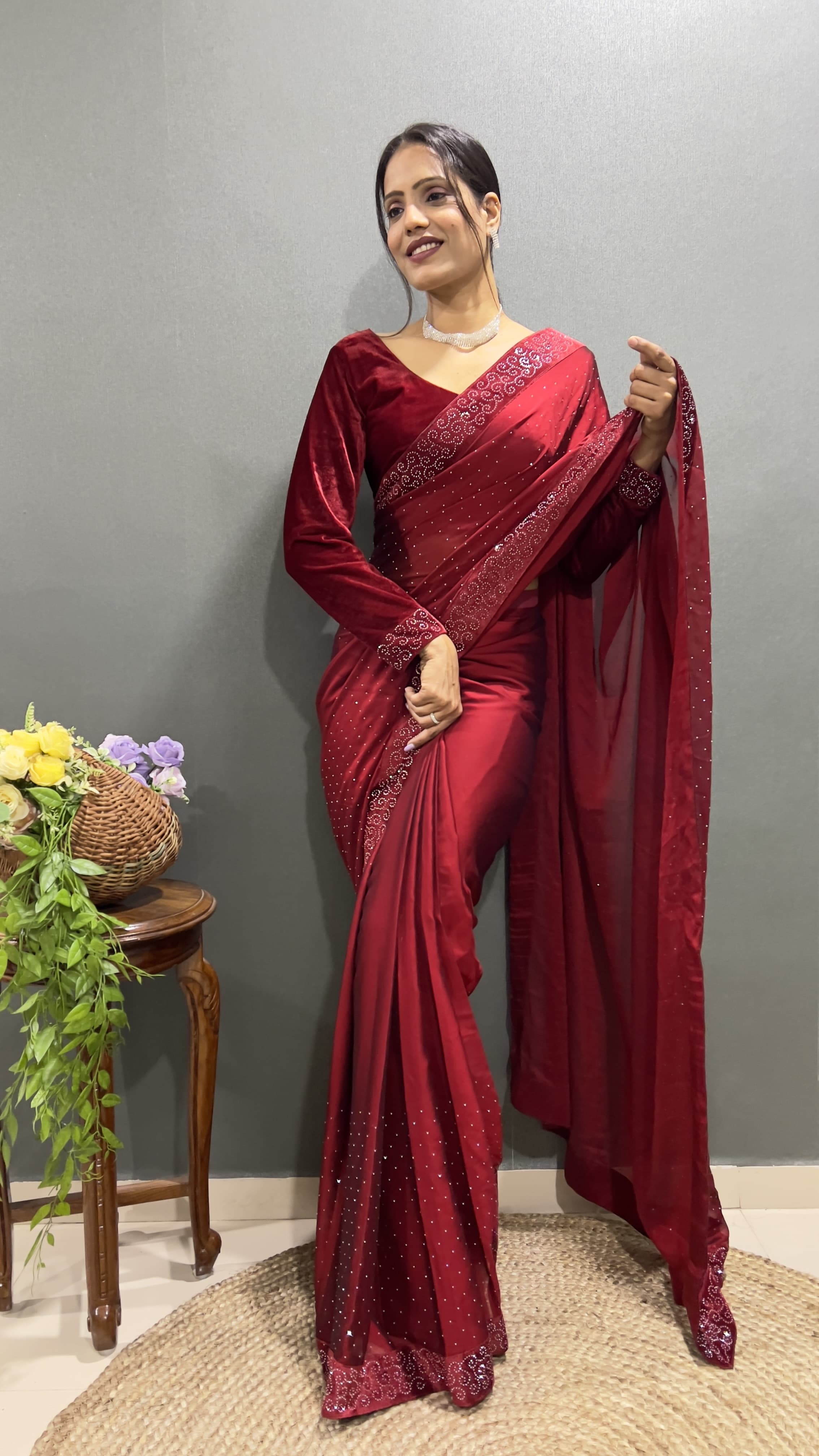 Trending Ready-To-Wear Rangoli Silk Saree with Swarovski & Velvet Lace Work