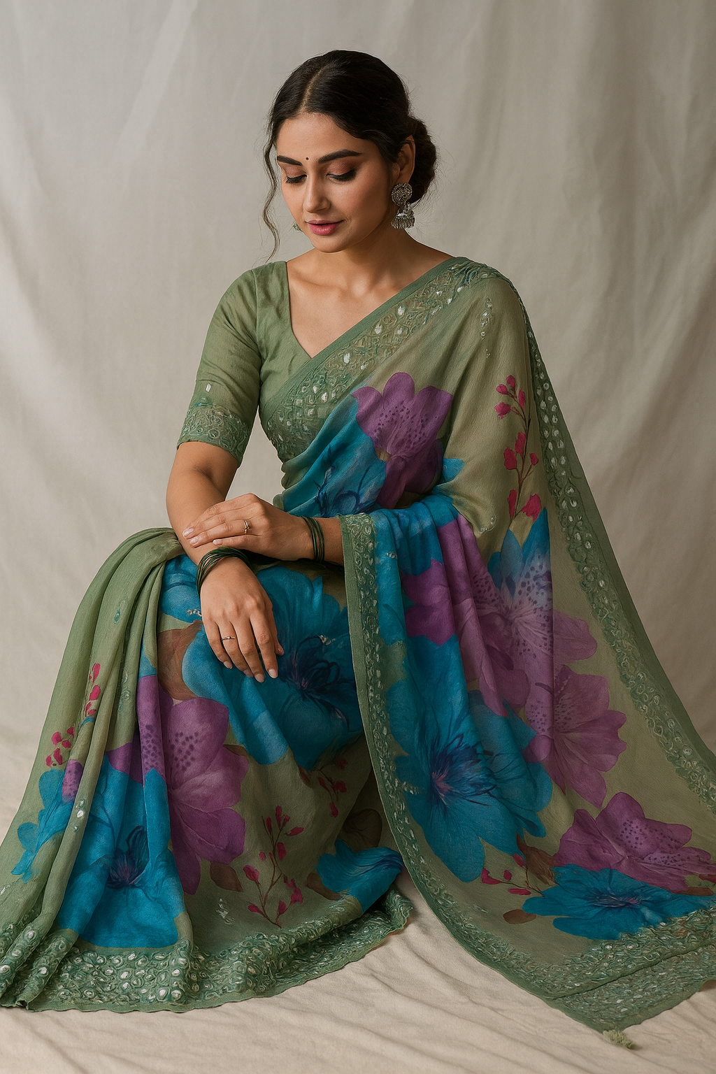 Premium Buttery Soft Organza Saree with Digital Print & Real Mirror Work