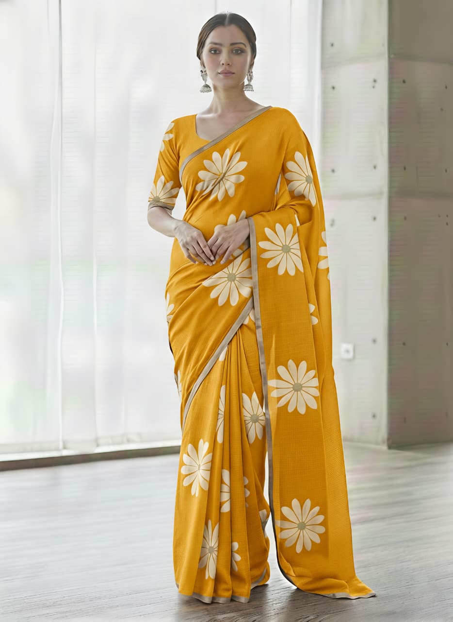 Heavy Linen Blooming Floral Digital Print Saree with Gold Border & Tassels