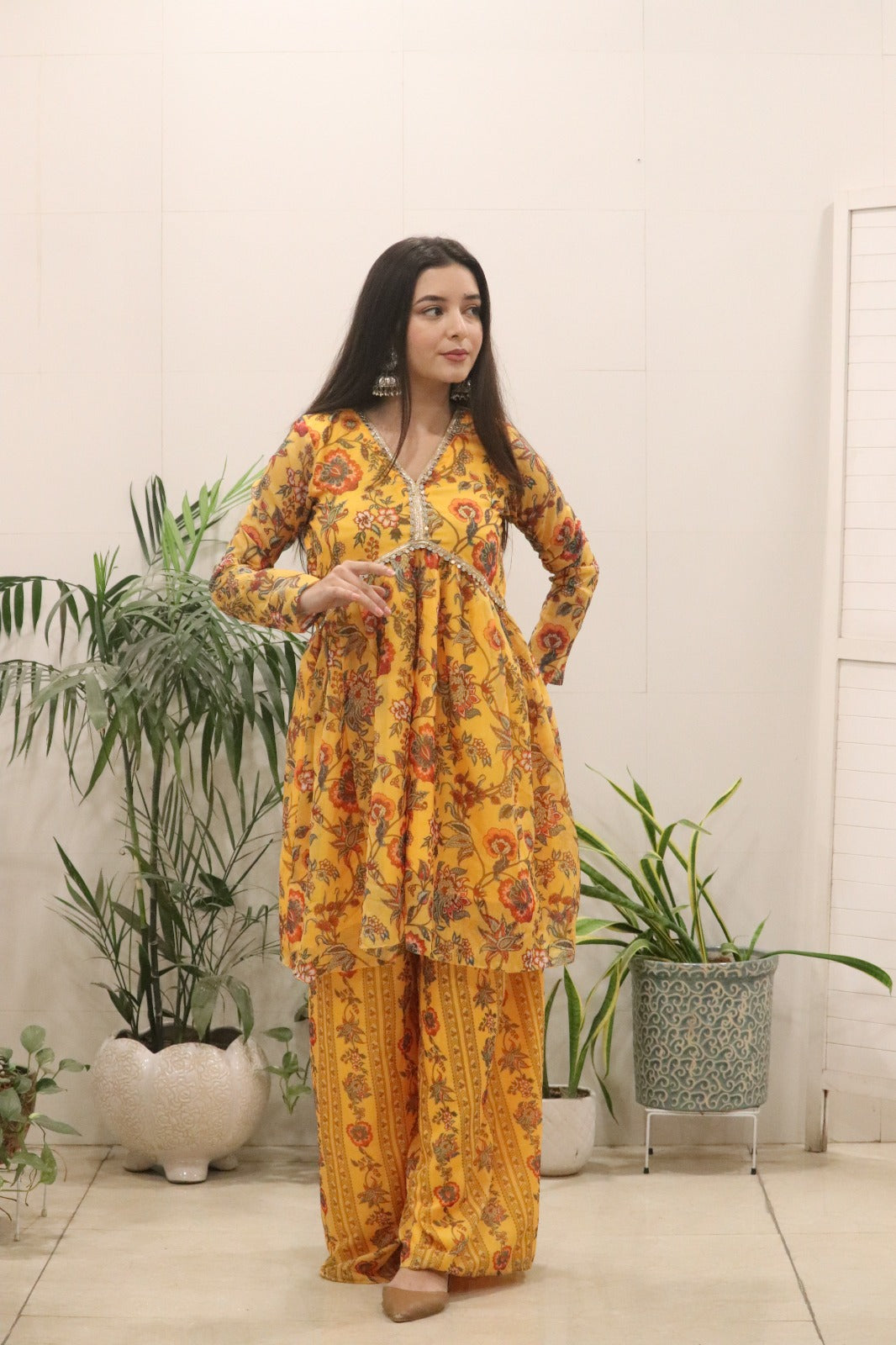 Women’s Mustard Yellow Organza Silk Kurti Palazzo Set