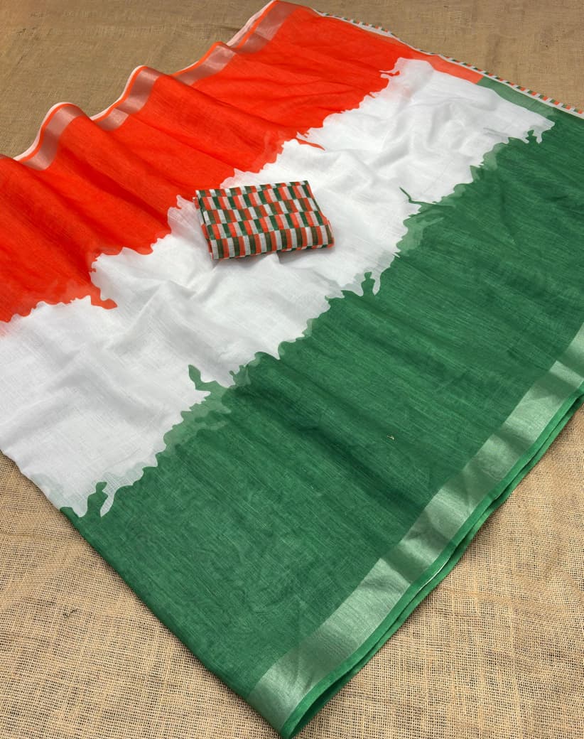 Republic Day Special Linen Zari Silver Saree