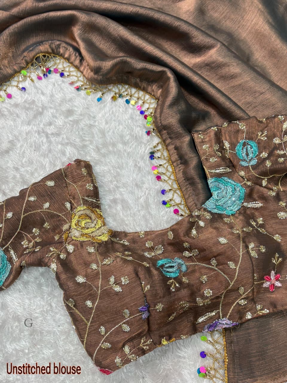 Gen-Z Glam Fandy Chiffon Saree with Sequins & Beads Embroidered Blouse