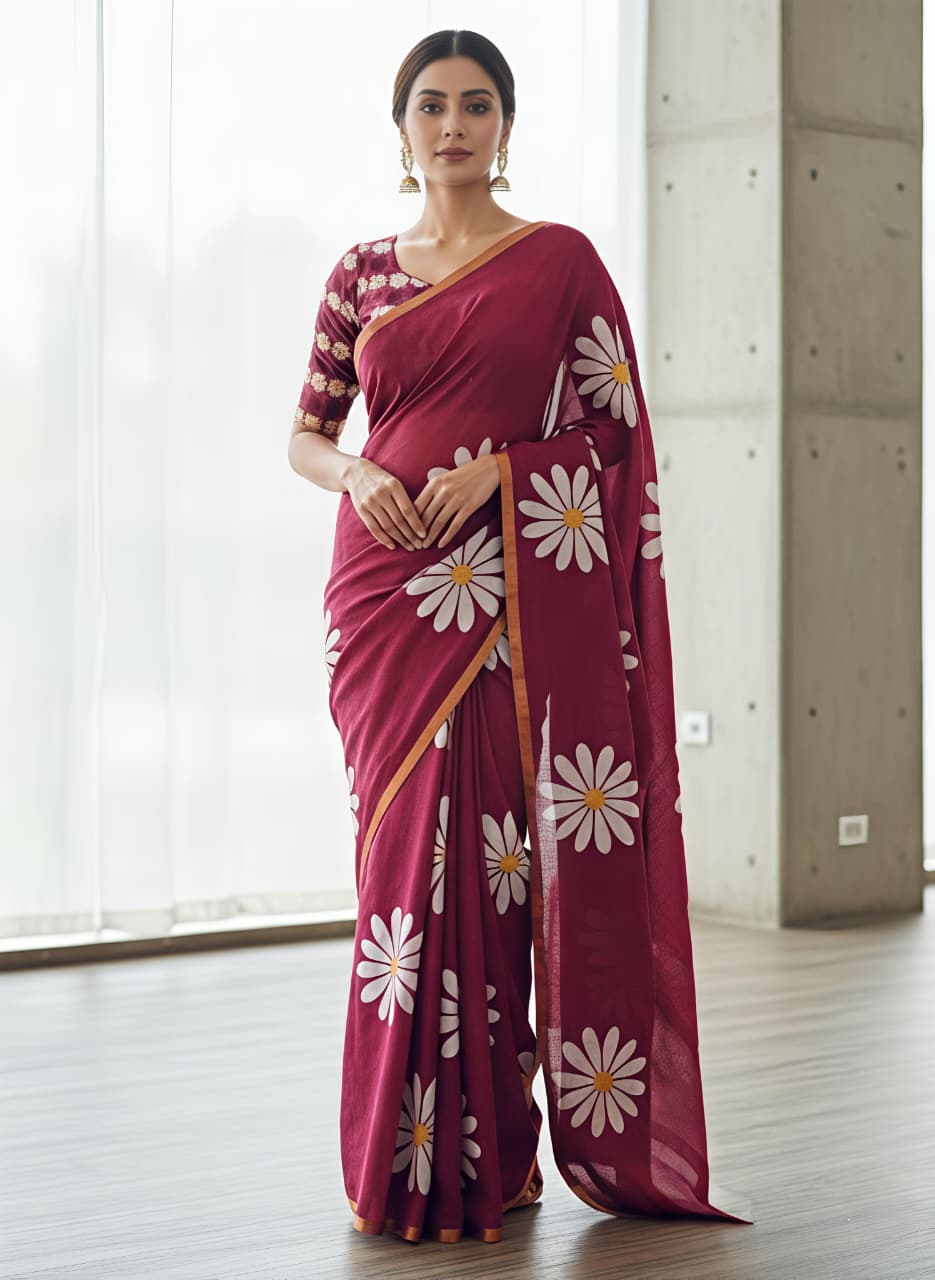 Heavy Linen Blooming Floral Digital Print Saree with Gold Border & Tassels