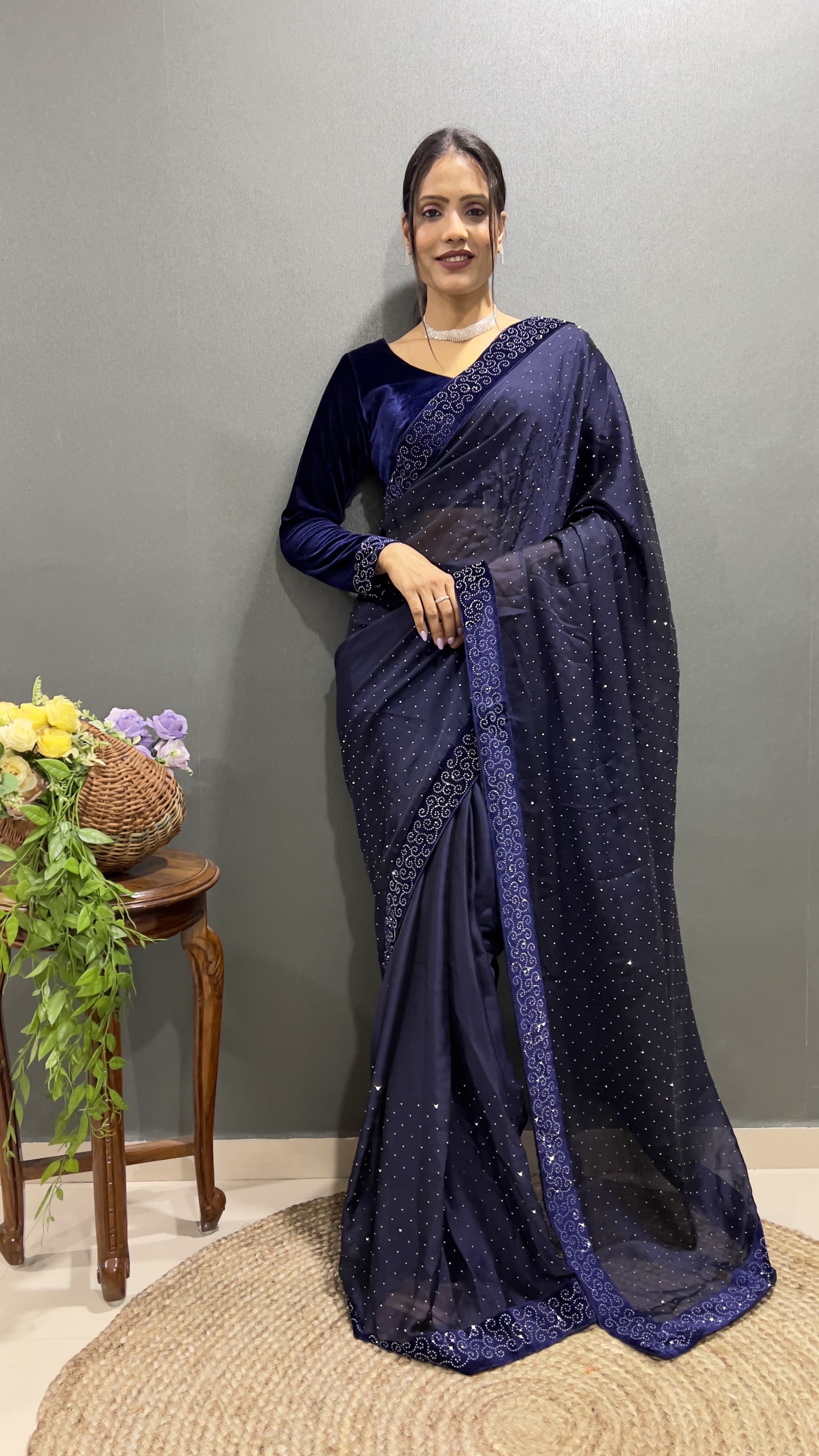 Trending Ready-To-Wear Rangoli Silk Saree with Swarovski & Velvet Lace Work