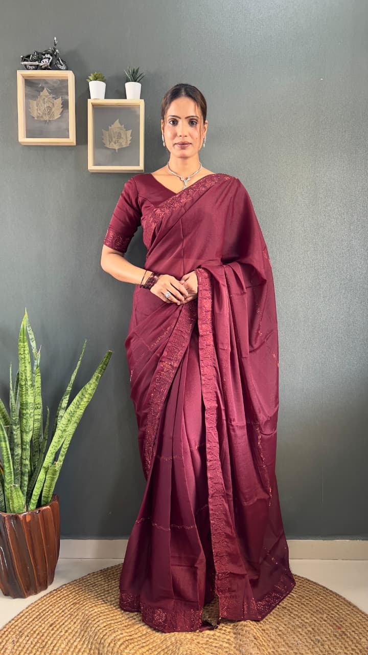 Royal Maroon Designer Premium Starling Georgette Silk Saree with Tone-2-Tone Swarovski Work