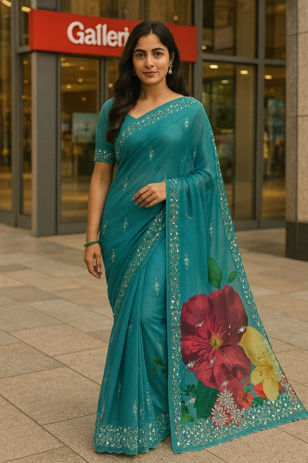 Premium Buttery Soft Organza Saree with Digital Print & Real Mirror Work