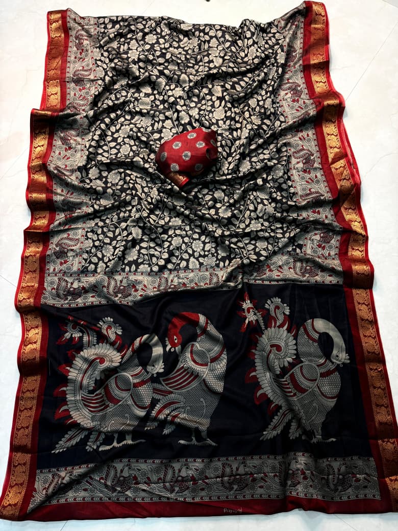 Soft Black Dola Silk Kalamkari Saree