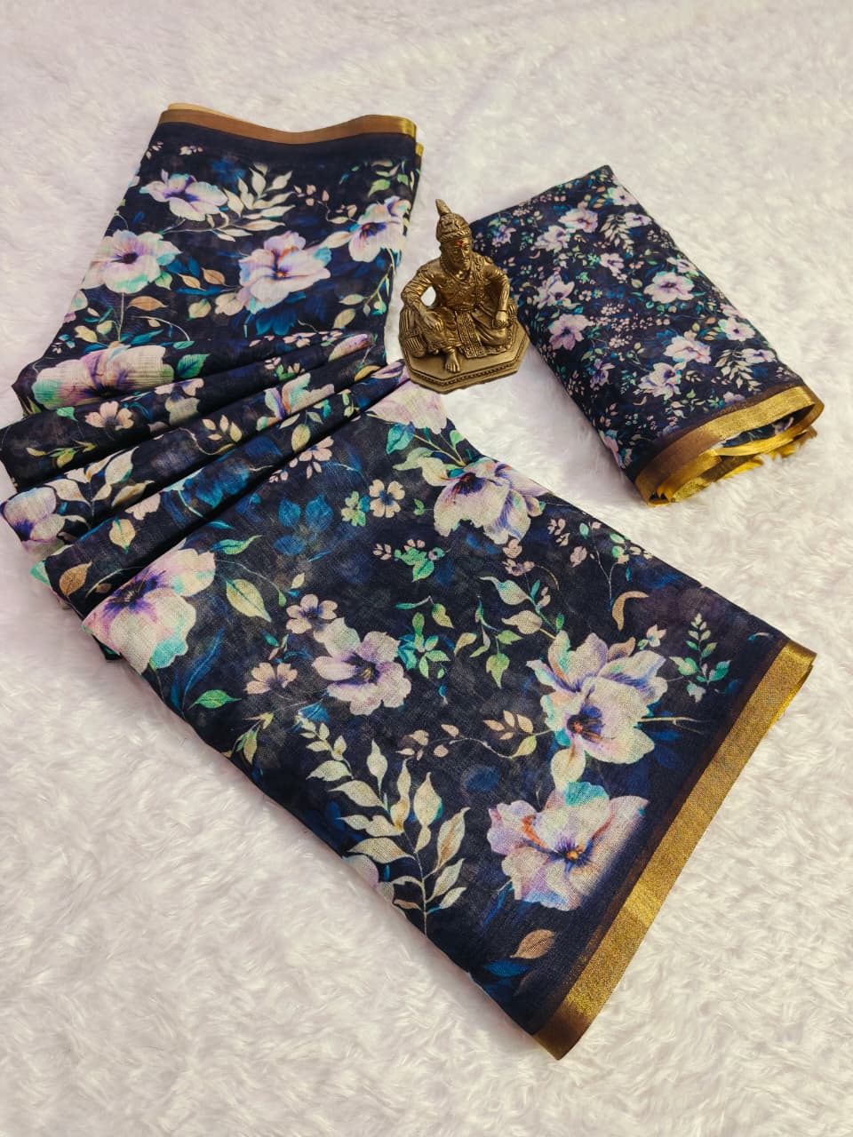 Heavy Linen Blooming Floral Digital Print Saree with Gold Border & Motif Tassels