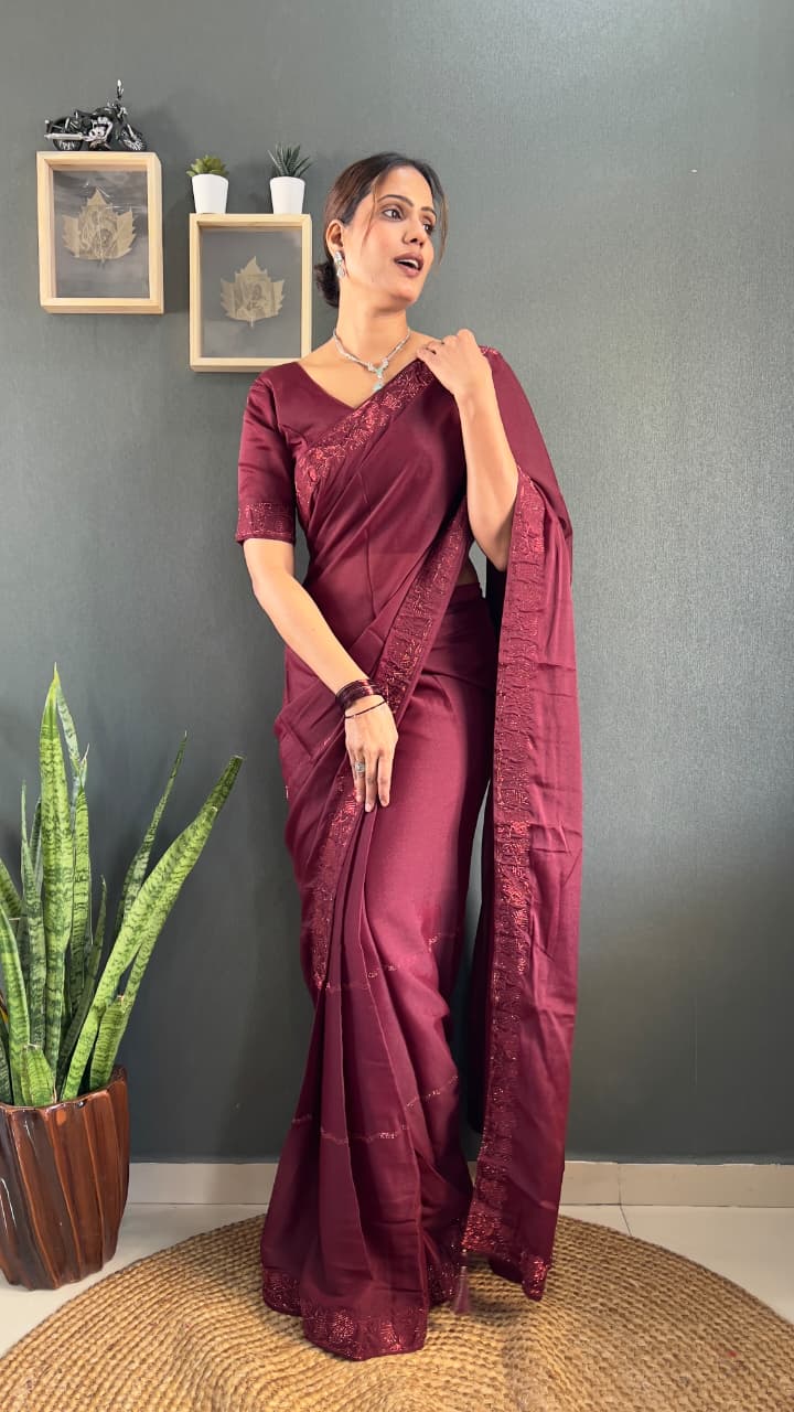 Royal Maroon Designer Premium Starling Georgette Silk Saree with Tone-2-Tone Swarovski Work