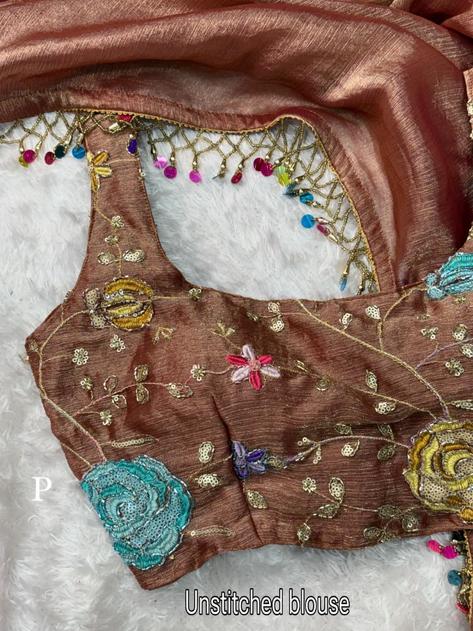 Gen-Z Glam Fandy Chiffon Saree with Sequins & Beads Embroidered Blouse