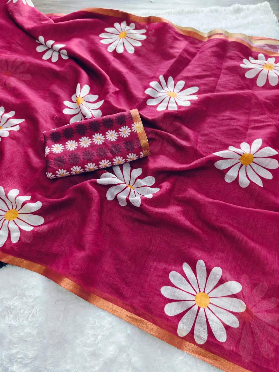 Heavy Linen Blooming Floral Digital Print Saree with Gold Border & Tassels