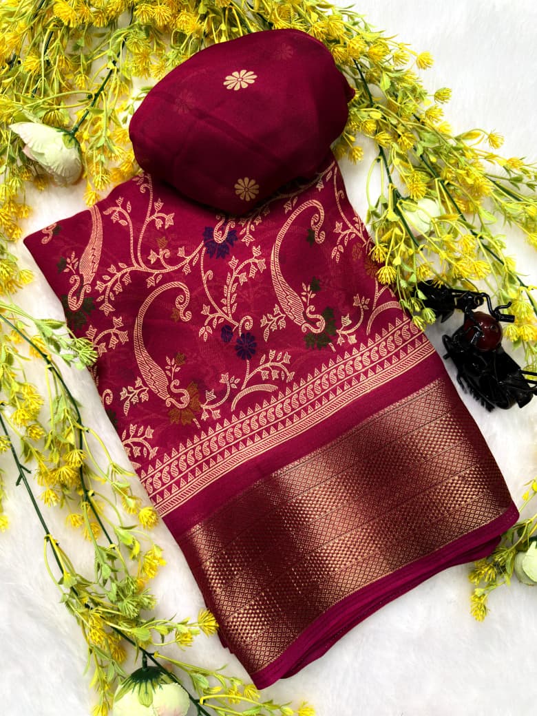 New Flower Heavy Marsh Melon Saree with Jacquard Weaving Border