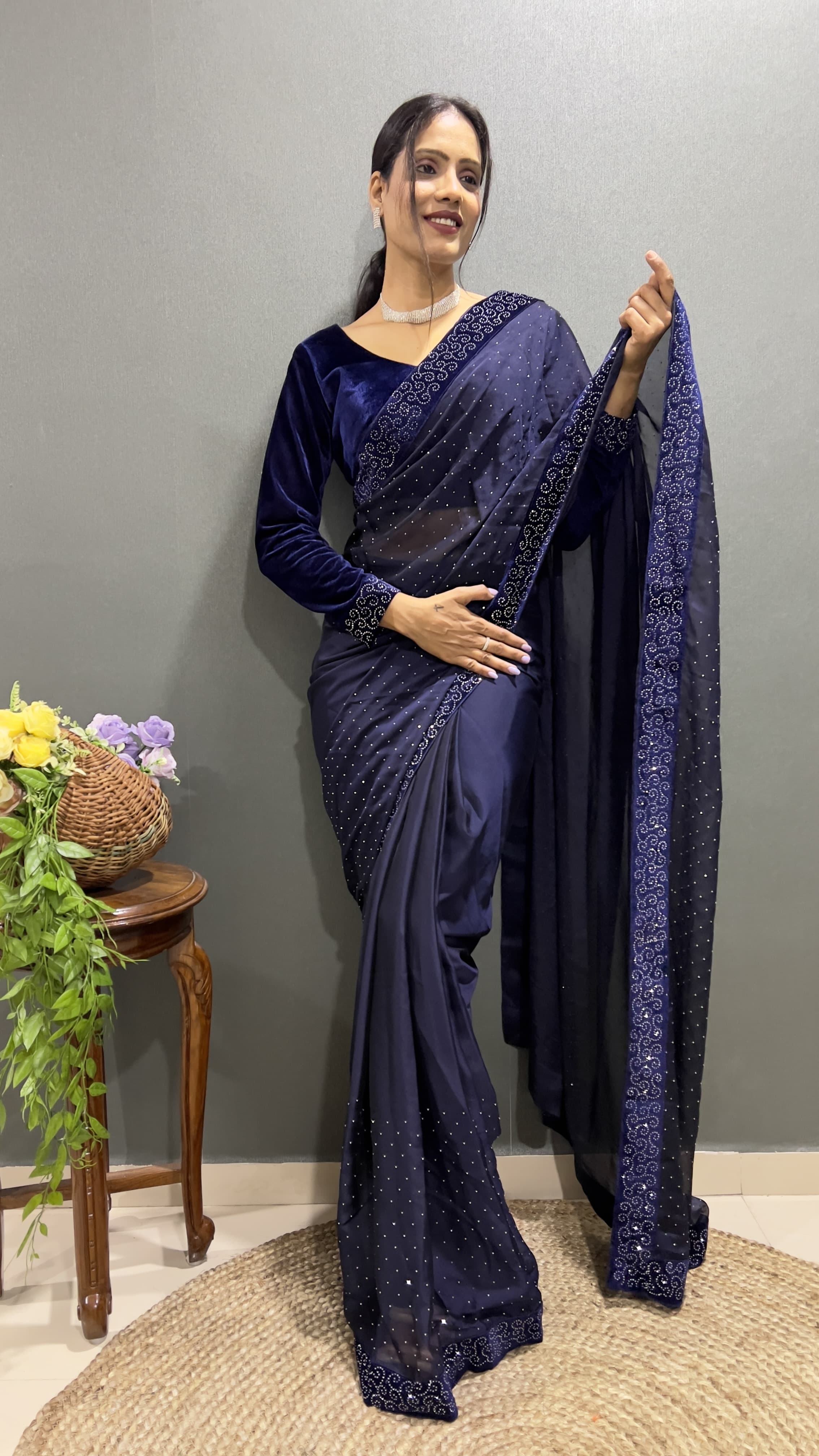 Trending Ready-To-Wear Rangoli Silk Saree with Swarovski & Velvet Lace Work