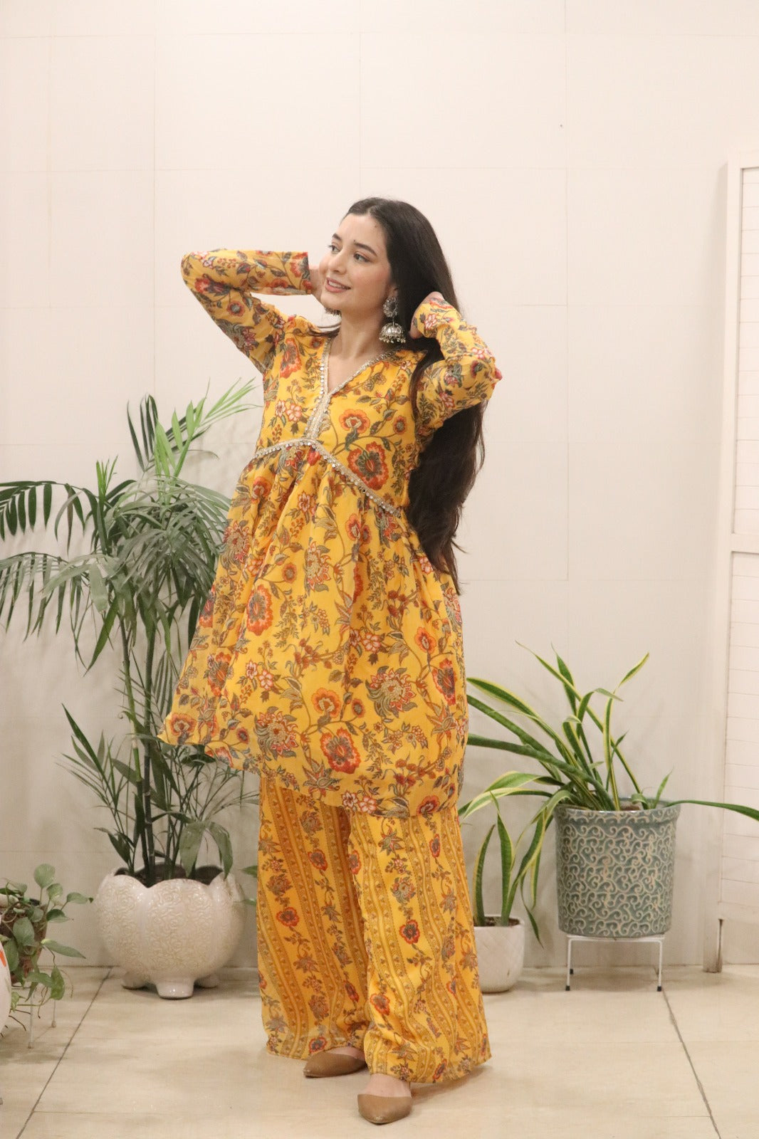 Women’s Mustard Yellow Organza Silk Kurti Palazzo Set