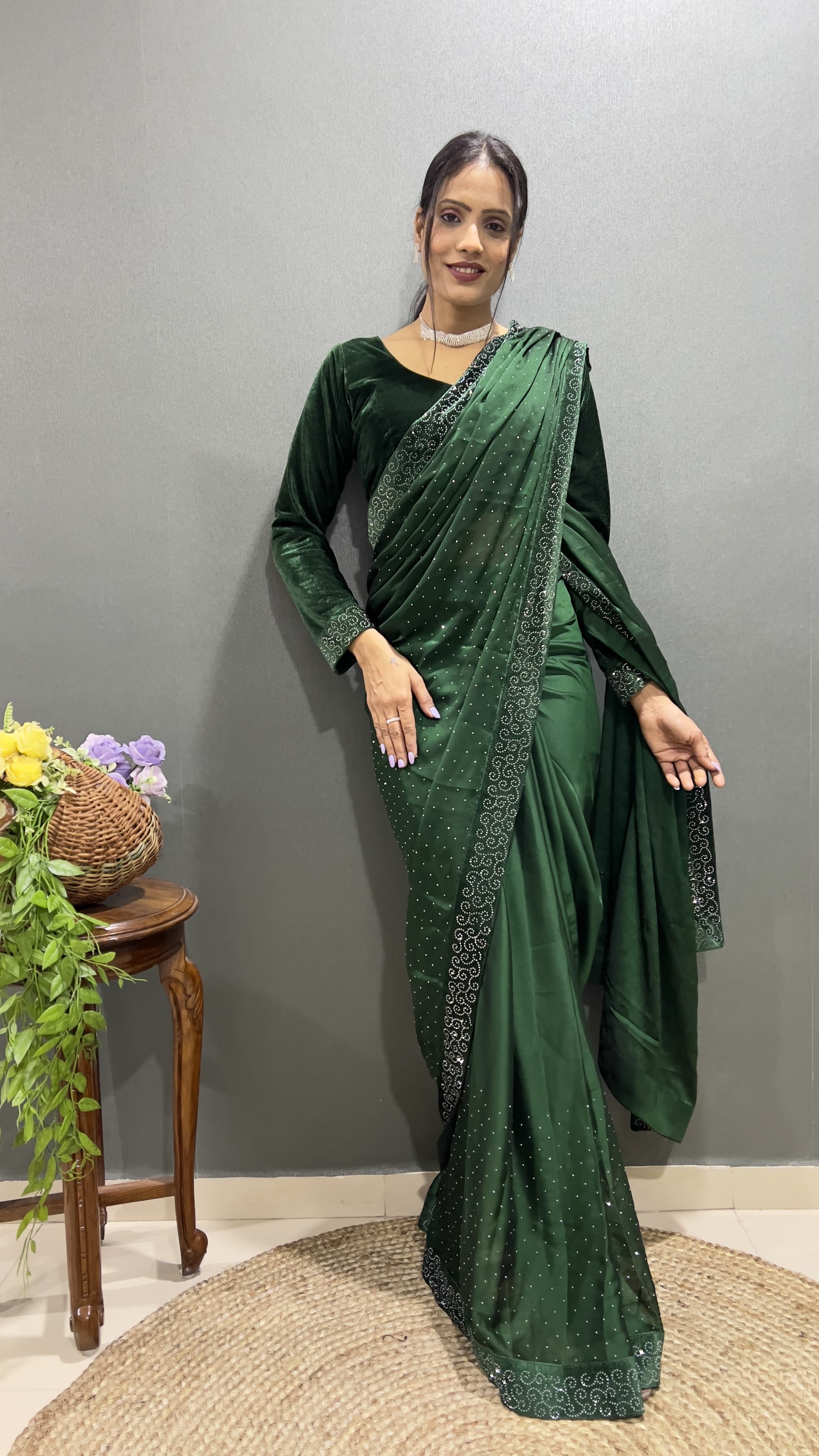 Trending Ready-To-Wear Rangoli Silk Saree with Swarovski & Velvet Lace Work