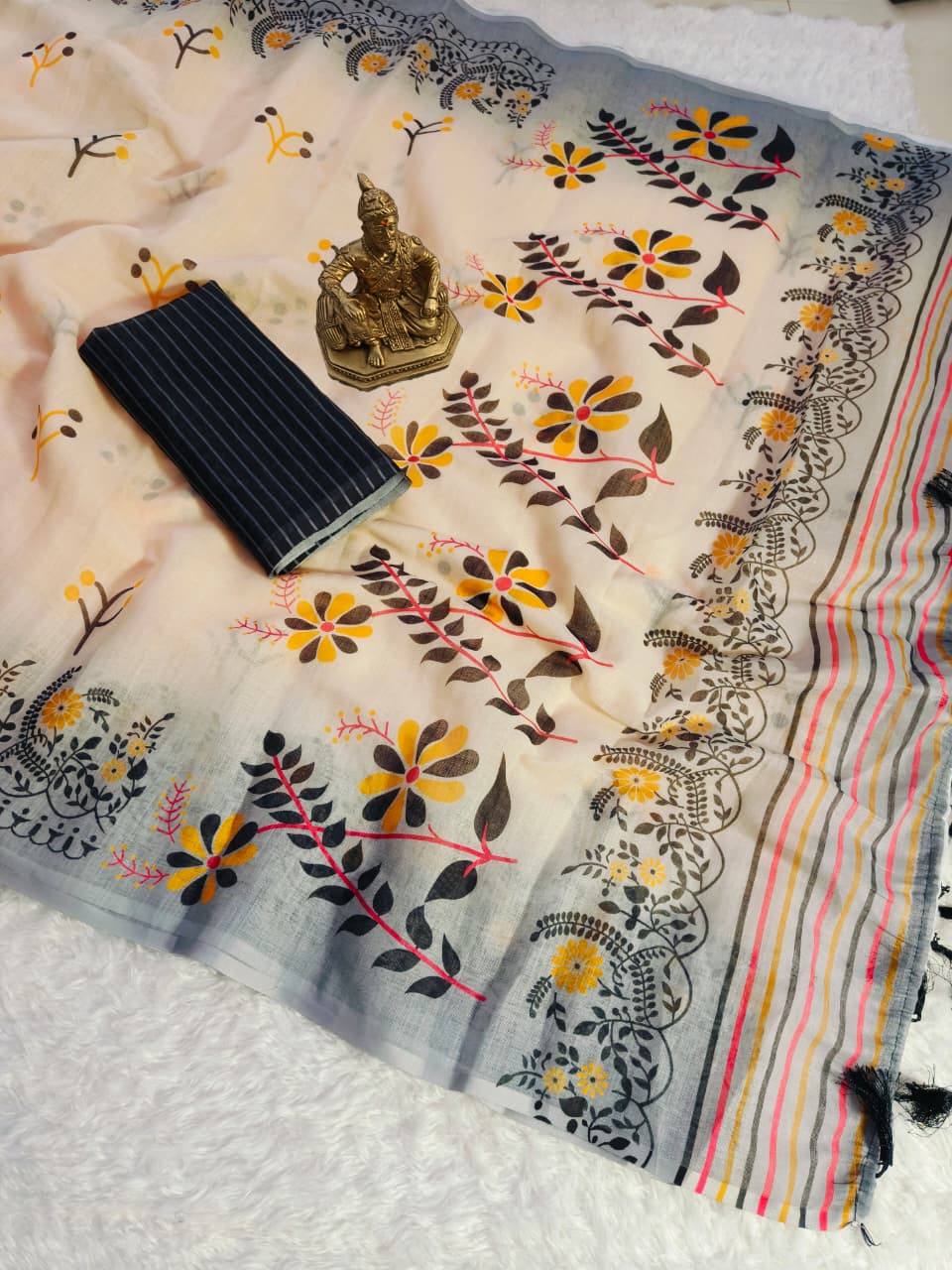 Heavy Linen Blooming Floral Digital Print Saree with Motif Tassels